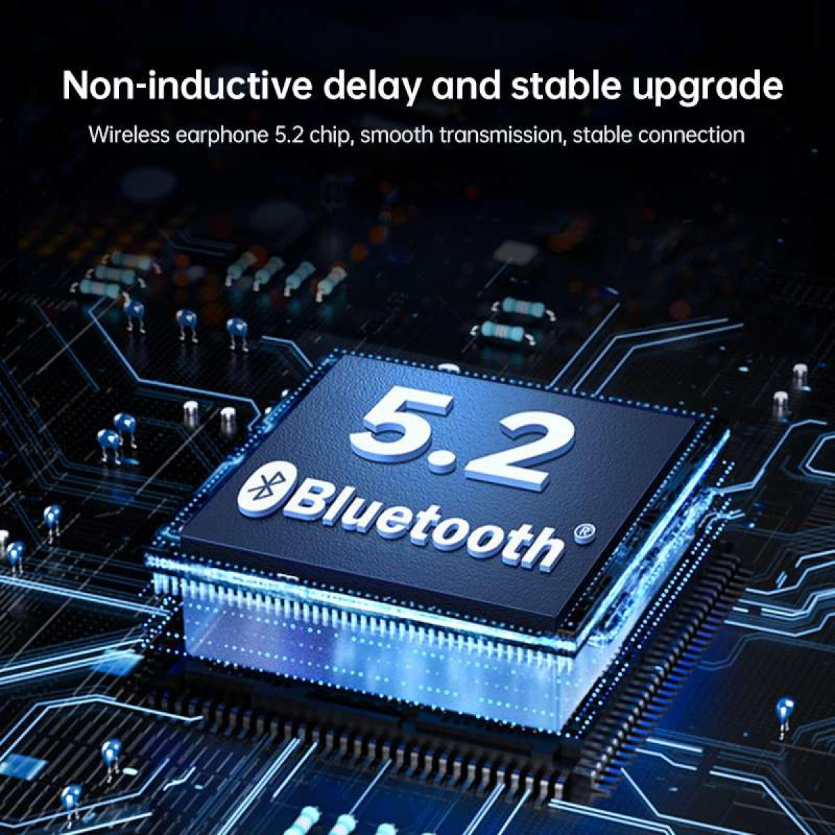 Bluetooth 5.2 Chip auf einer Leiterplatte, beleuchtet und blau.
