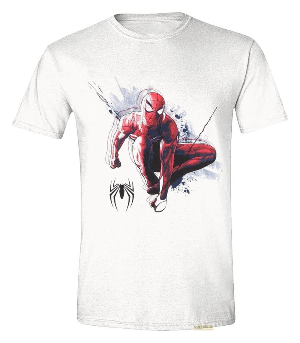 Spider-Man in Rot und Blau kauert auf einem weißen T-Shirt.