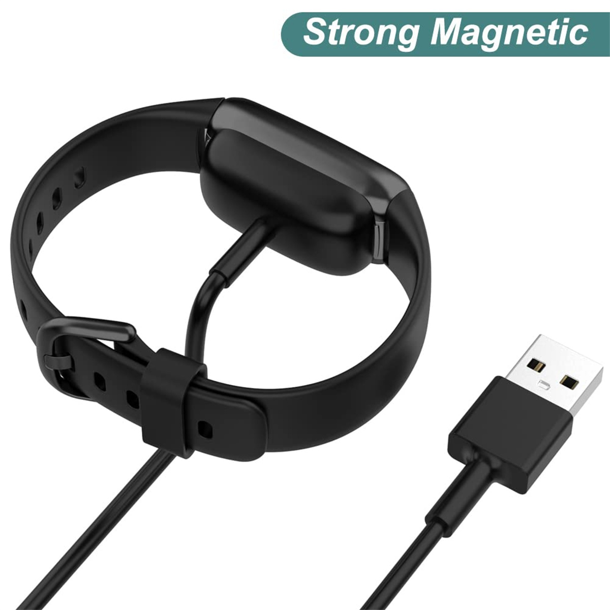 Schwarzes Smartwatch-Ladekabel mit USB-Anschluss und Magnetverschluss.