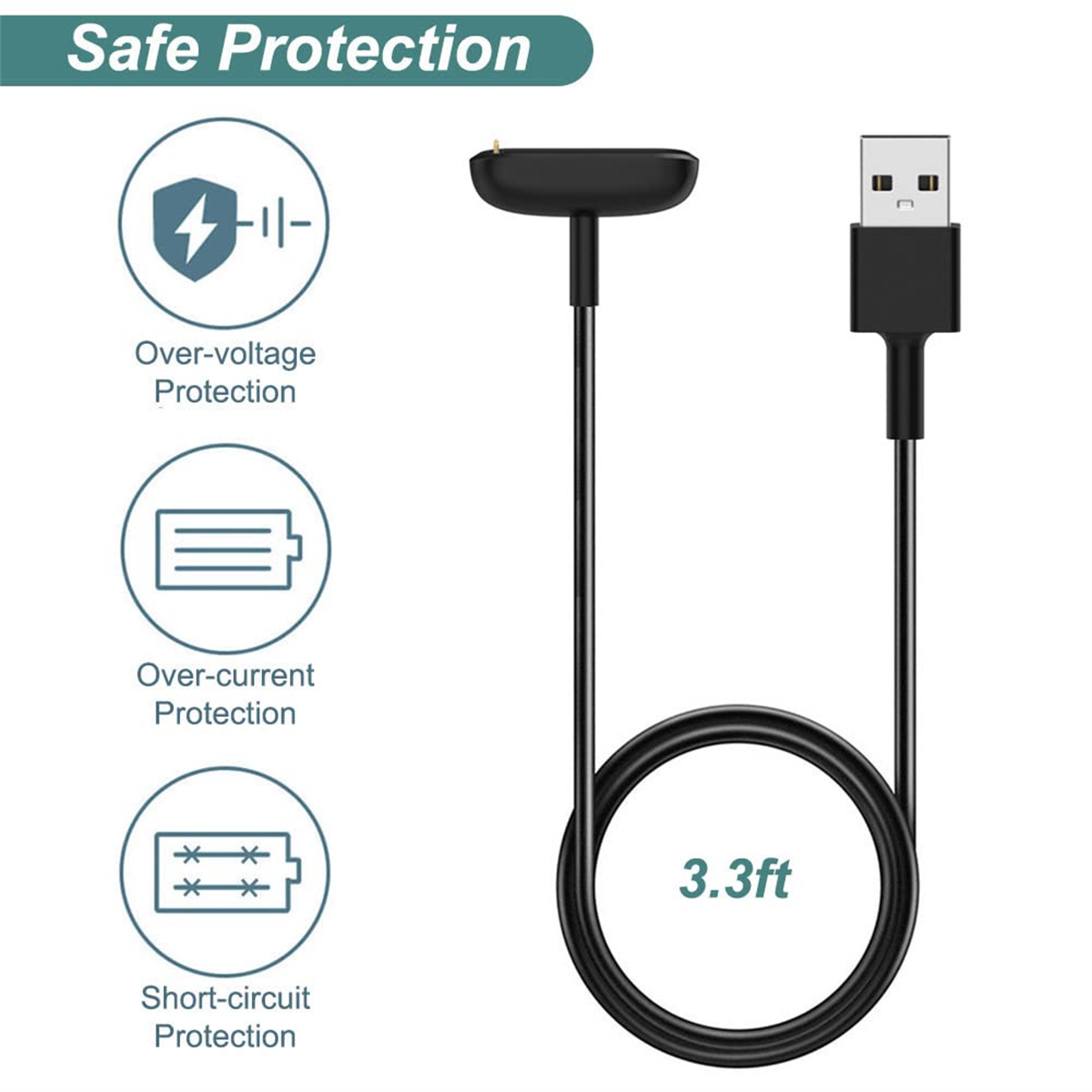 Schwarzes Ladekabel mit USB-A und proprietärem Anschluss. 3,3 Fuß lang.