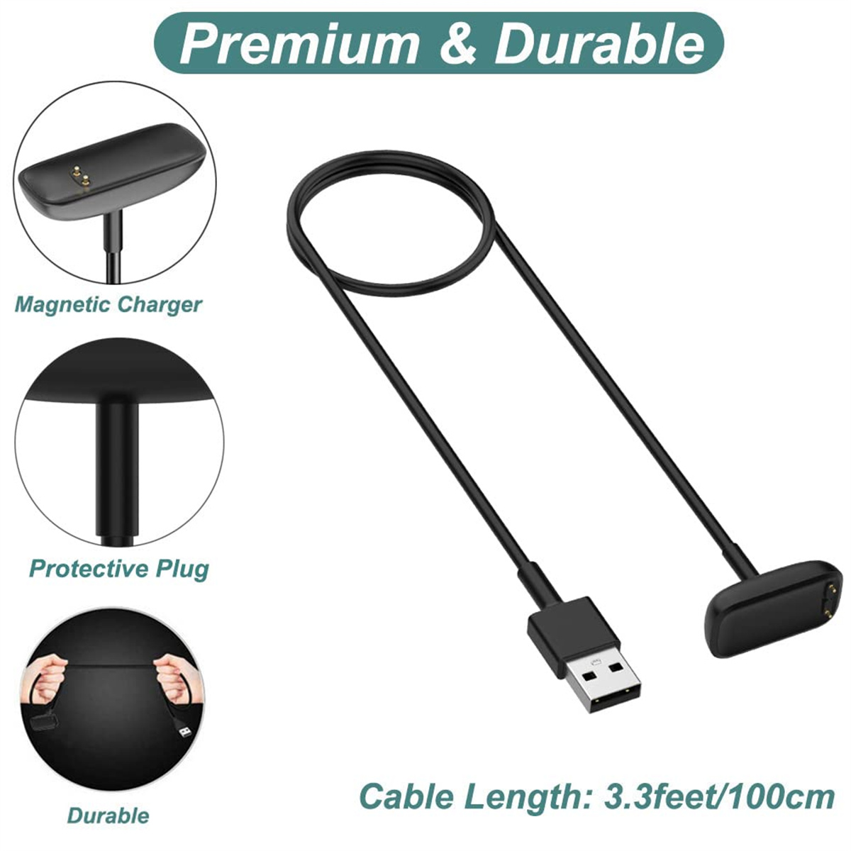 Schwarzes Ladekabel mit USB-Anschluss und magnetischem Ladeanschluss.