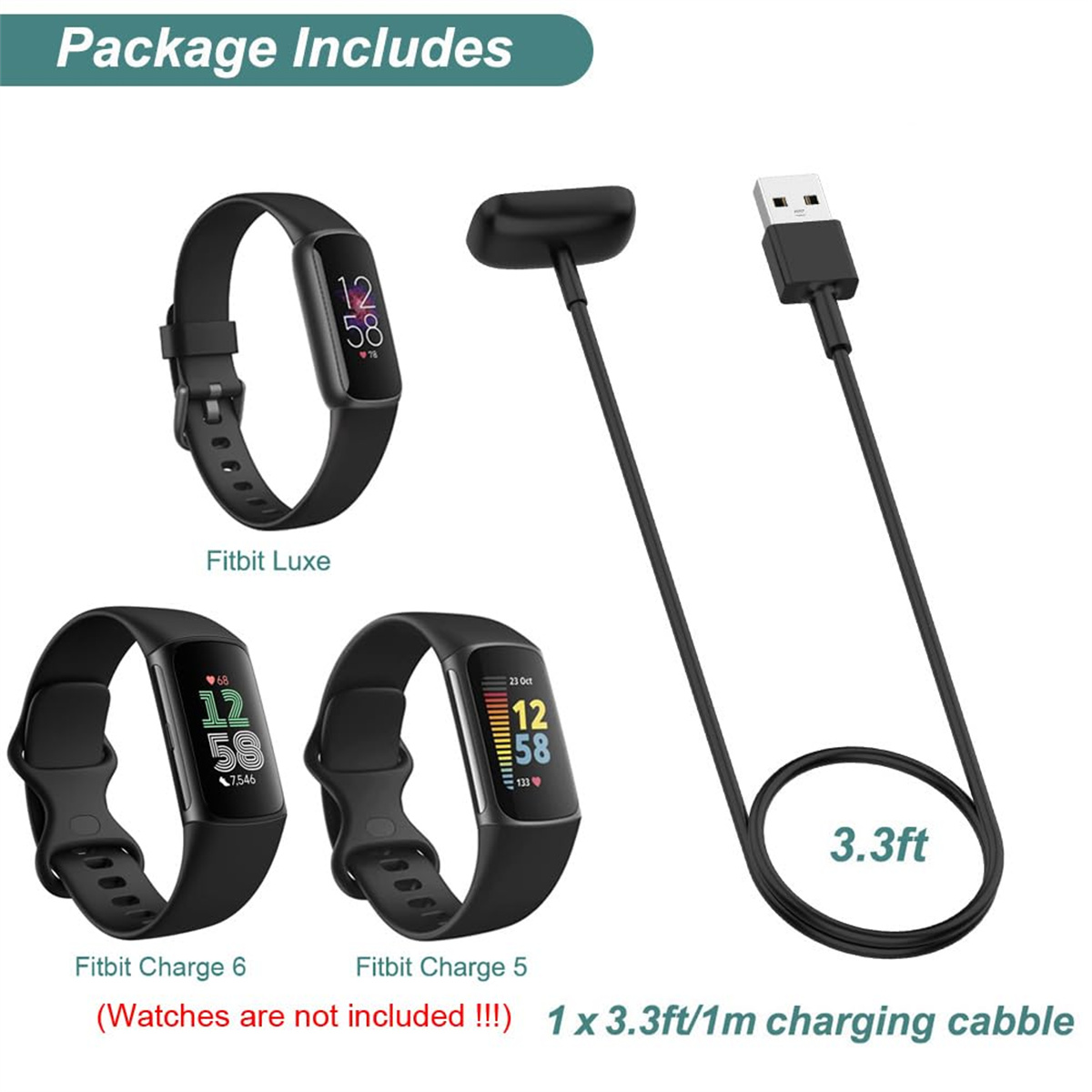 Fitbit Luxe, Charge 6, Charge 5 und ein 3,3 Fuß Ladekabel.