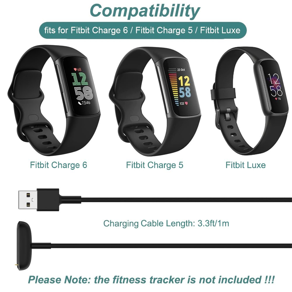 Drei Fitbit-Uhren und ein Ladekabel. Kompatibilitätshinweis.