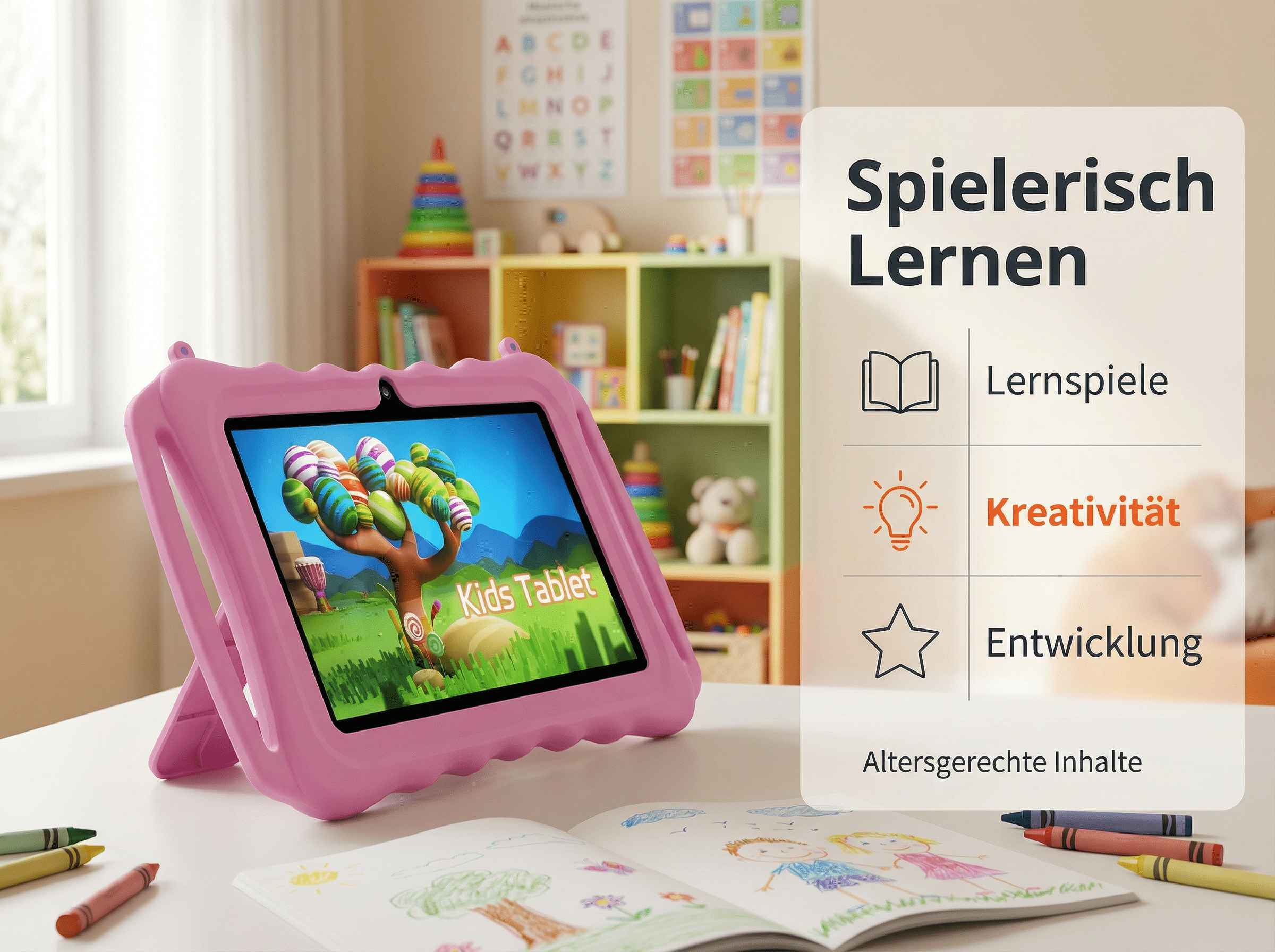 Ein rosafarbener Kindertablet mit buntem Bildschirm steht auf einem Tisch.