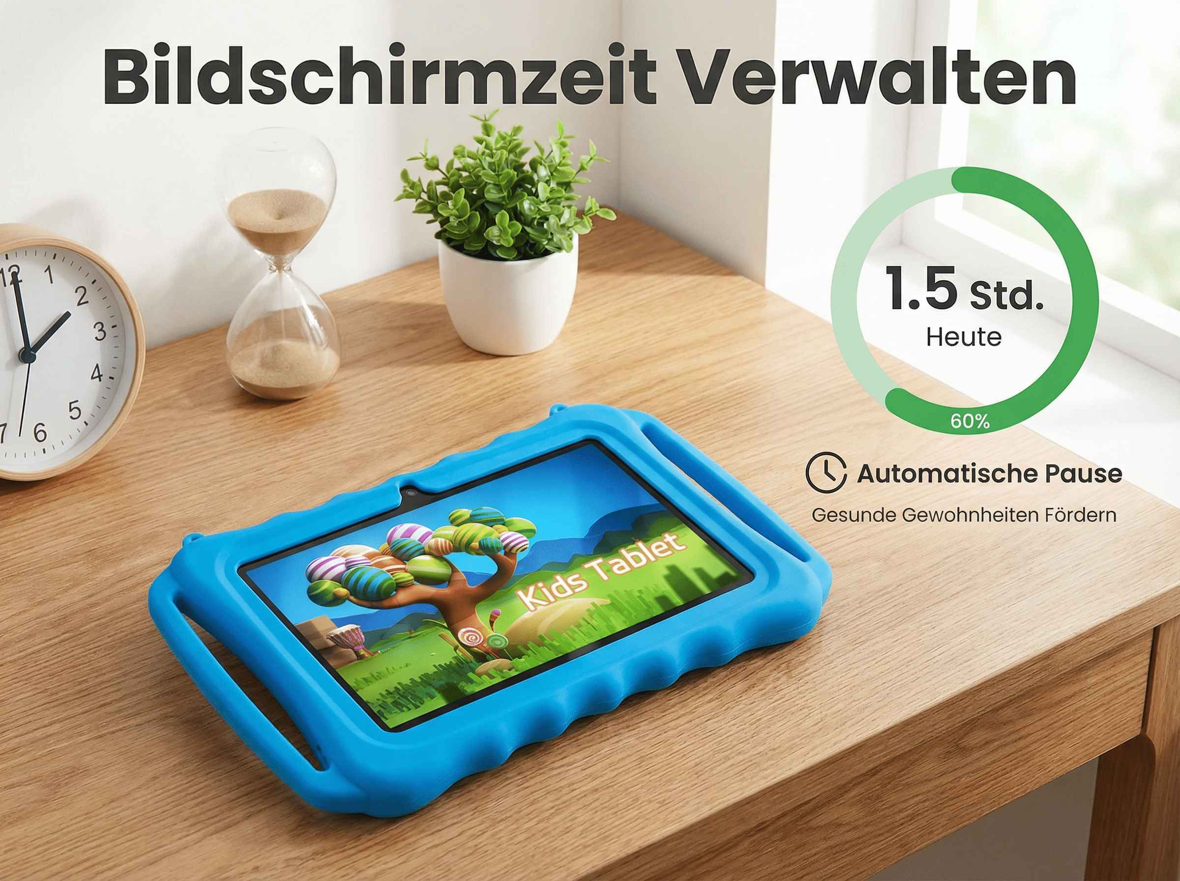 Blauer Kindertablet auf einem Holztisch, mit Uhr, Sanduhr und Pflanze.