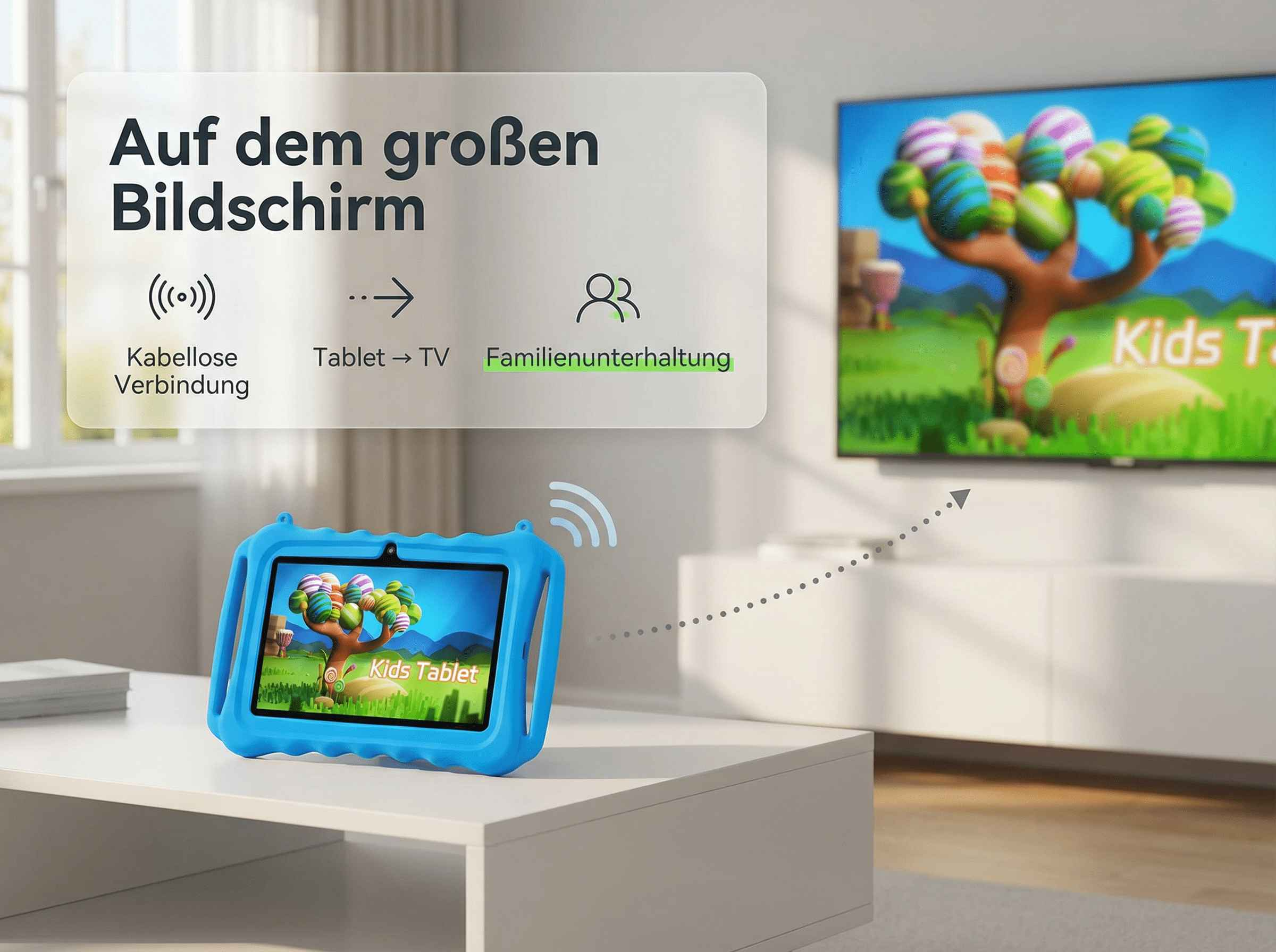 Ein blauer Kindertablet spiegelt ein Cartoon-Display auf einen Fernseher.