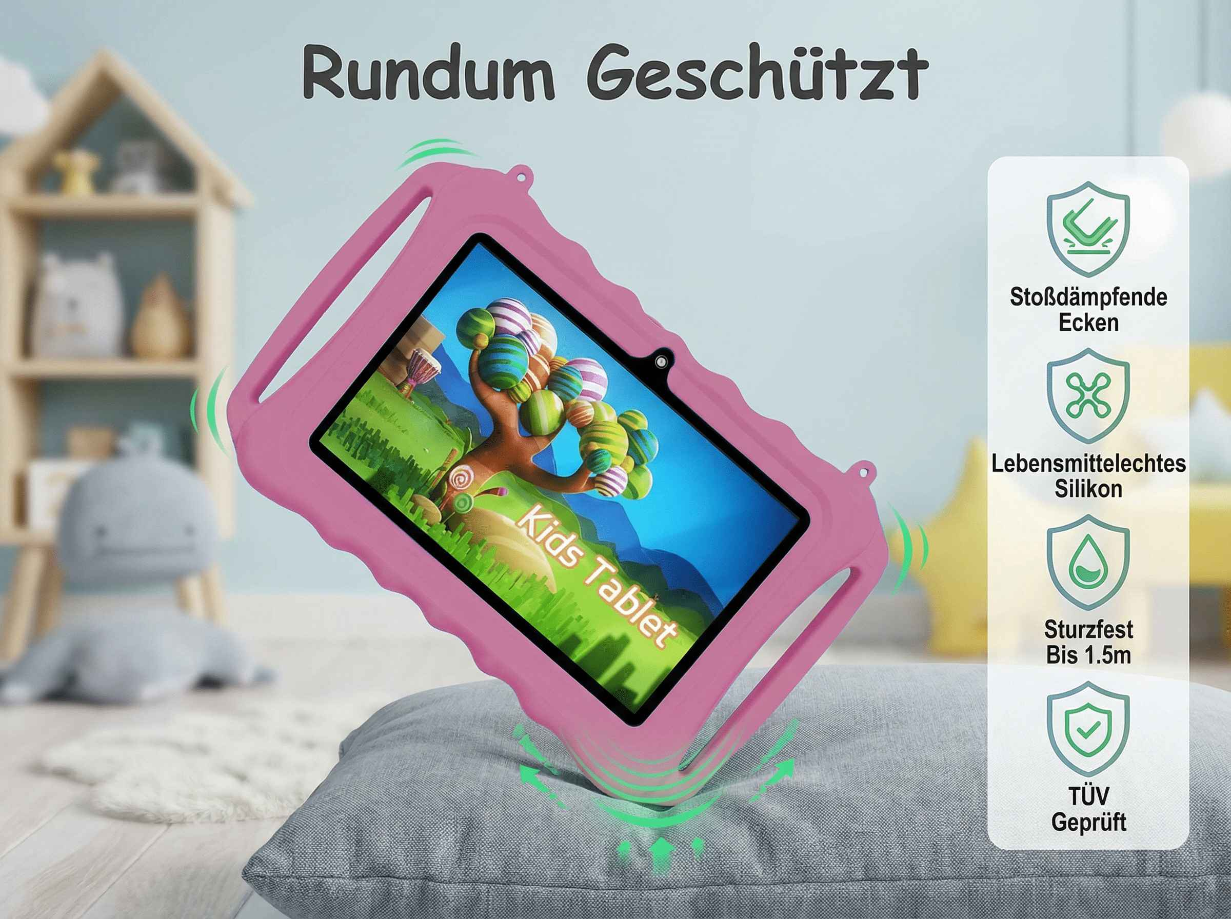 Ein rosafarbenes Kinder-Tablet mit Stoßschutz liegt auf einem Kissen.