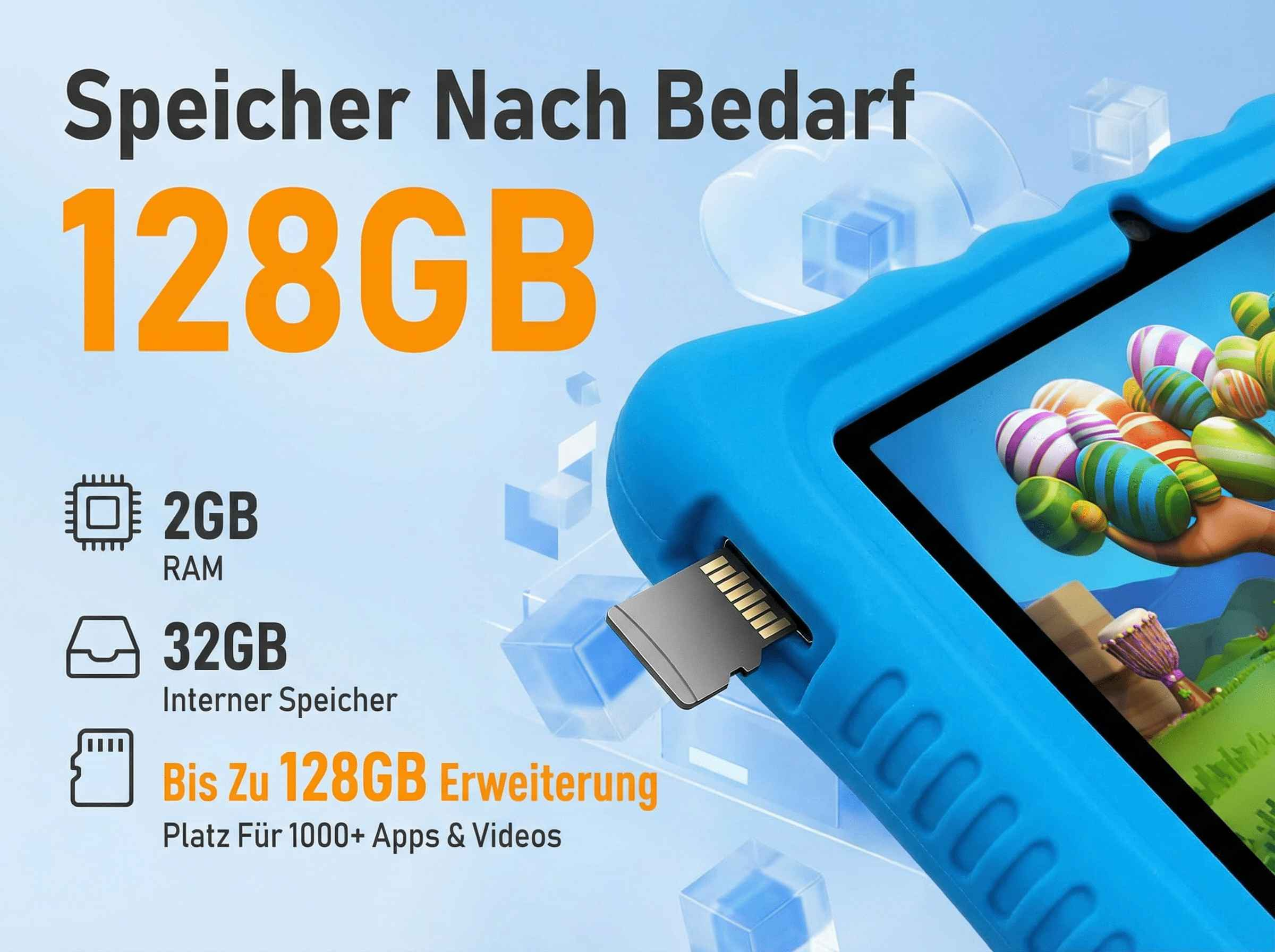 Ein blaues Tablet mit 128GB Speicher, 2GB RAM und 32GB internem Speicher.