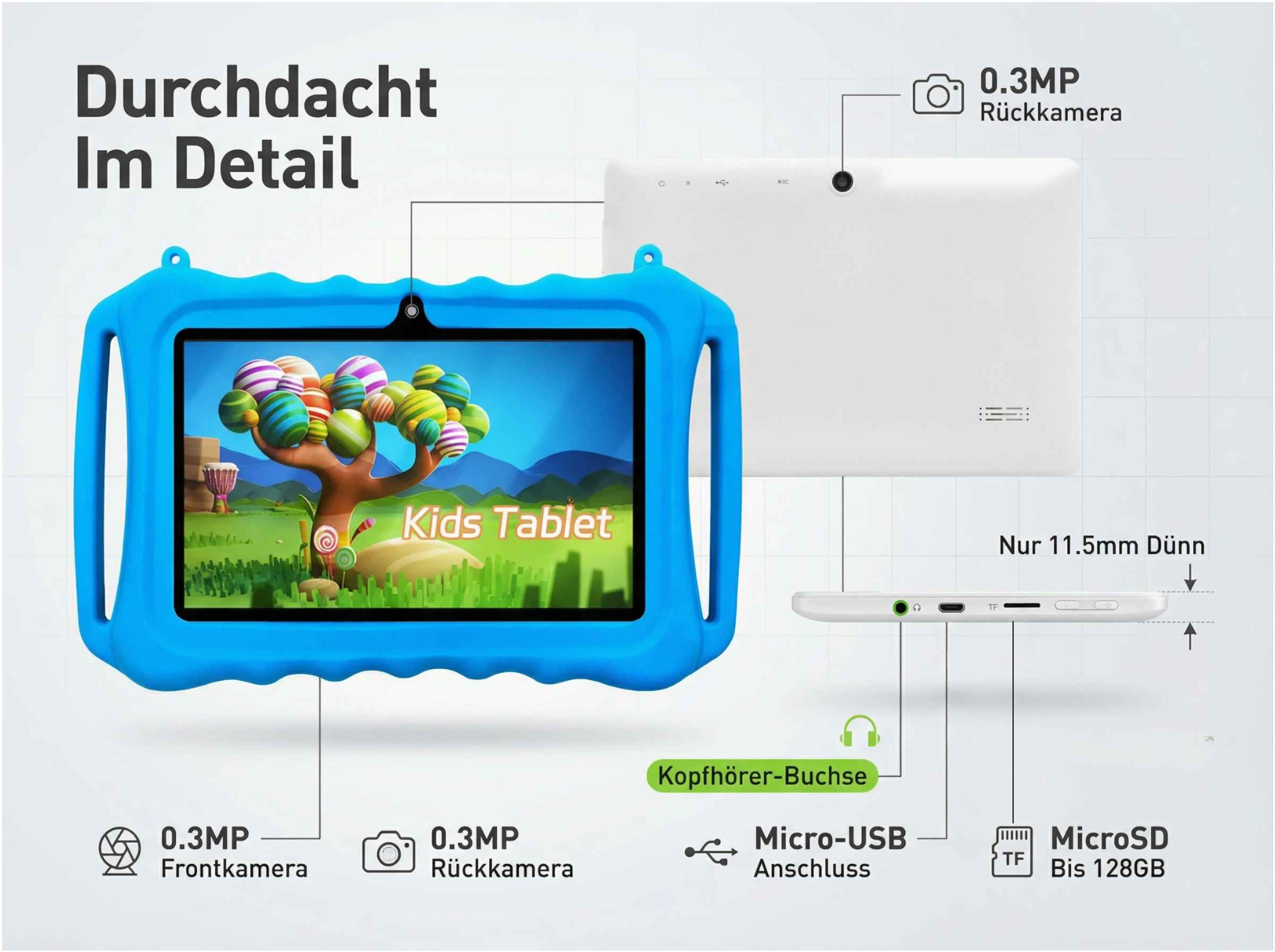 Ein blaues Kinder-Tablet mit buntem Bildschirm, Rückseite und Anschlüssen.