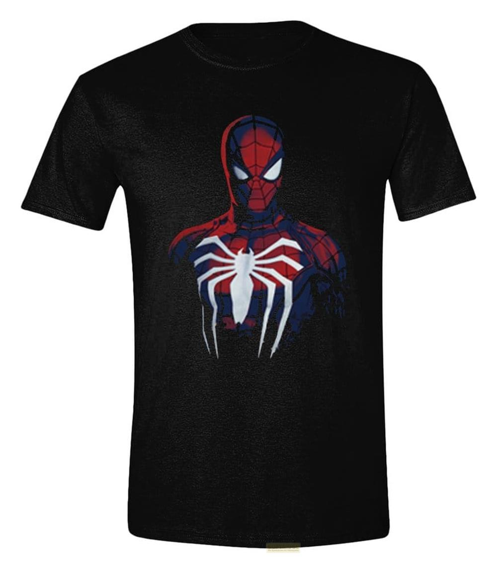 Schwarzes T-Shirt mit Spiderman-Aufdruck in Rot, Blau und Weiß.