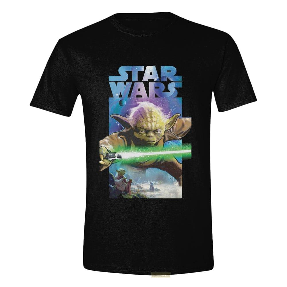 Yoda mit grünem Lichtschwert, Star Wars Logo, dunkles T-Shirt.