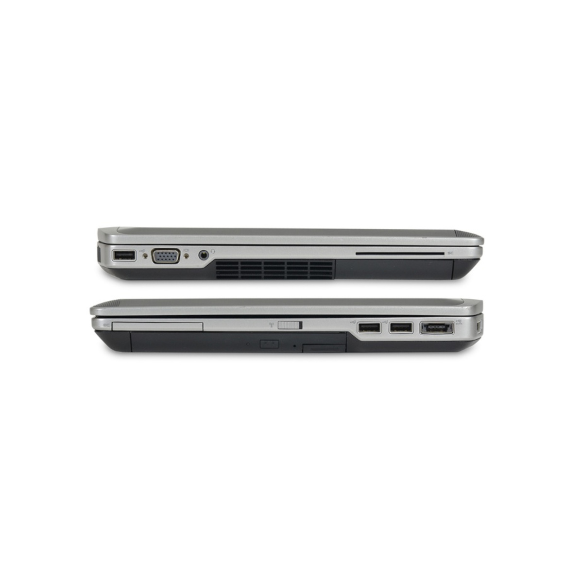 Zwei Laptops nebeneinander, die Seitenansicht mit Anschlüssen. Silber und Schwarz.
