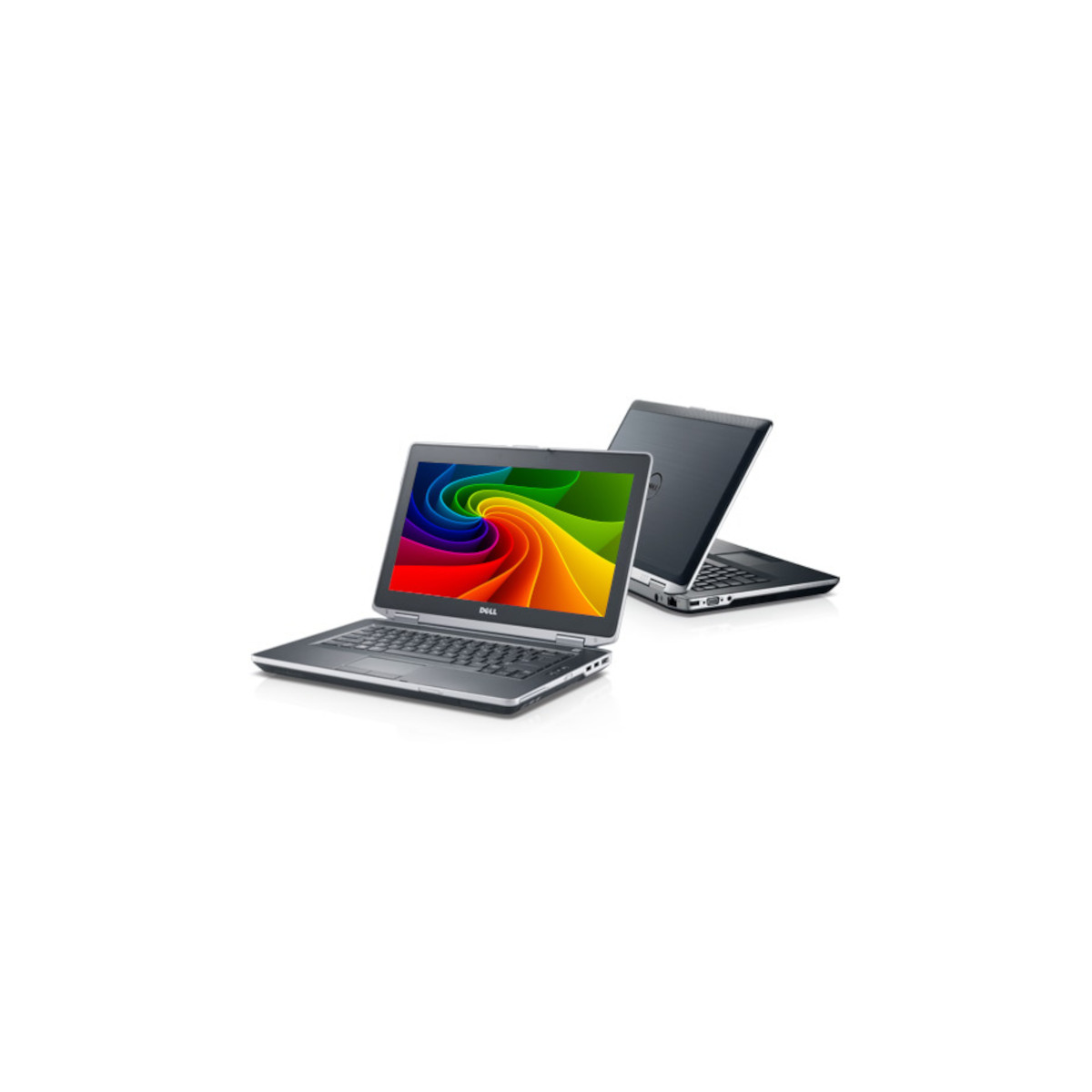 Zwei Dell-Laptops, einer mit buntem Hintergrundbild, der andere geschlossen.