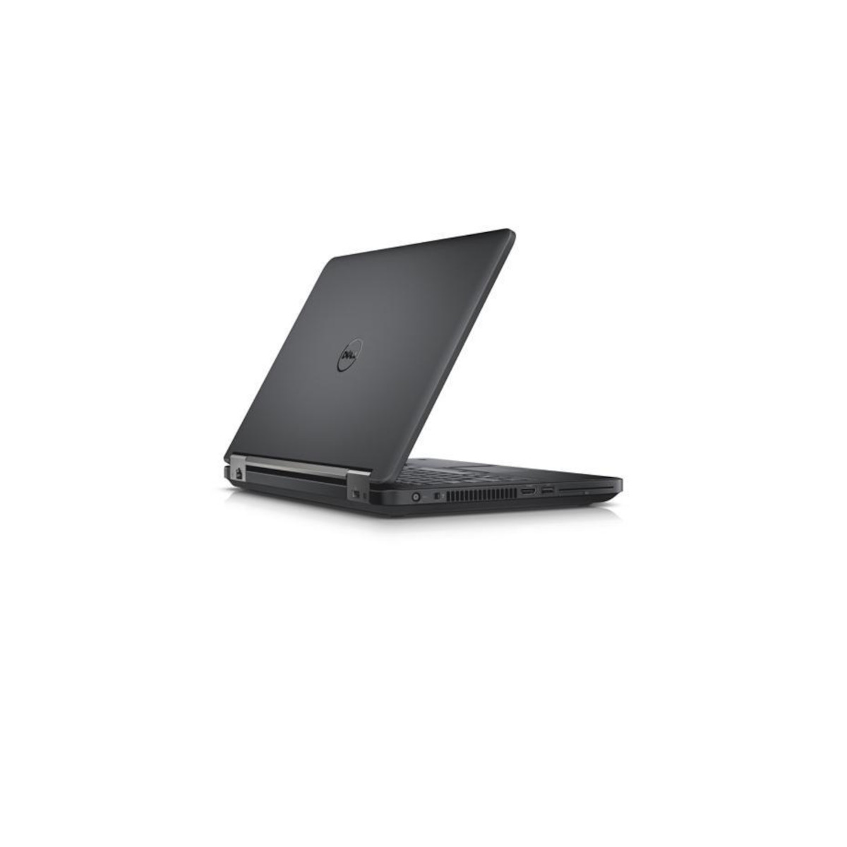 Ein schwarzer Dell Laptop auf weißem Hintergrund, im Profil gezeigt.
