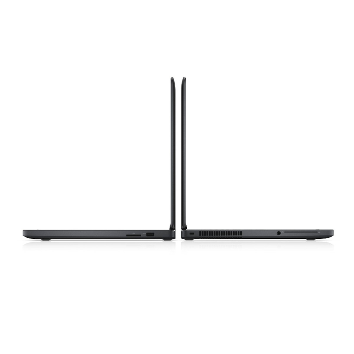 Zwei dunkle Laptops, von der Seite gesehen, mit geöffneten Bildschirmen.