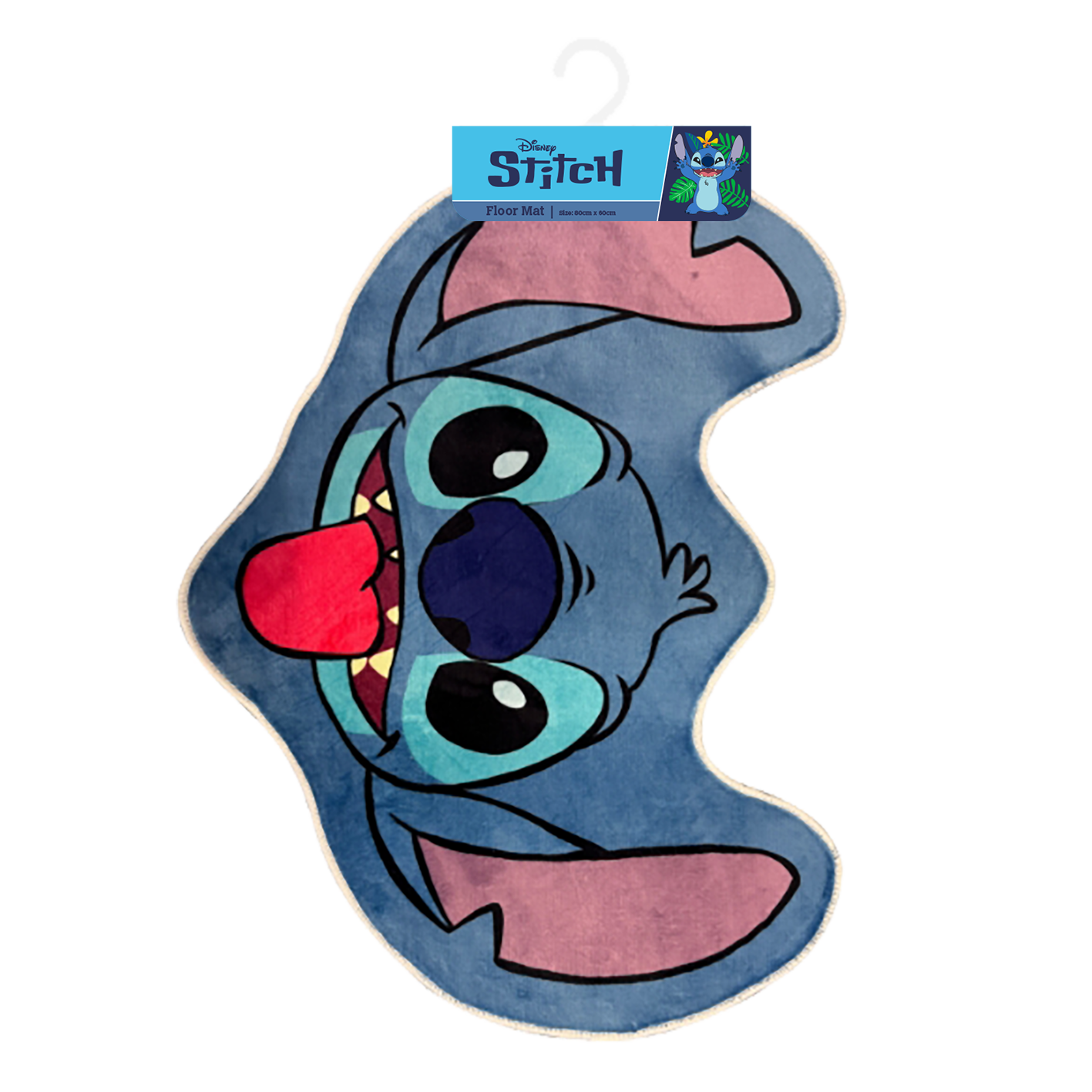 Eine blaue Stitch-Fußmatte mit seinem Gesicht und der Zunge herausgestreckt.