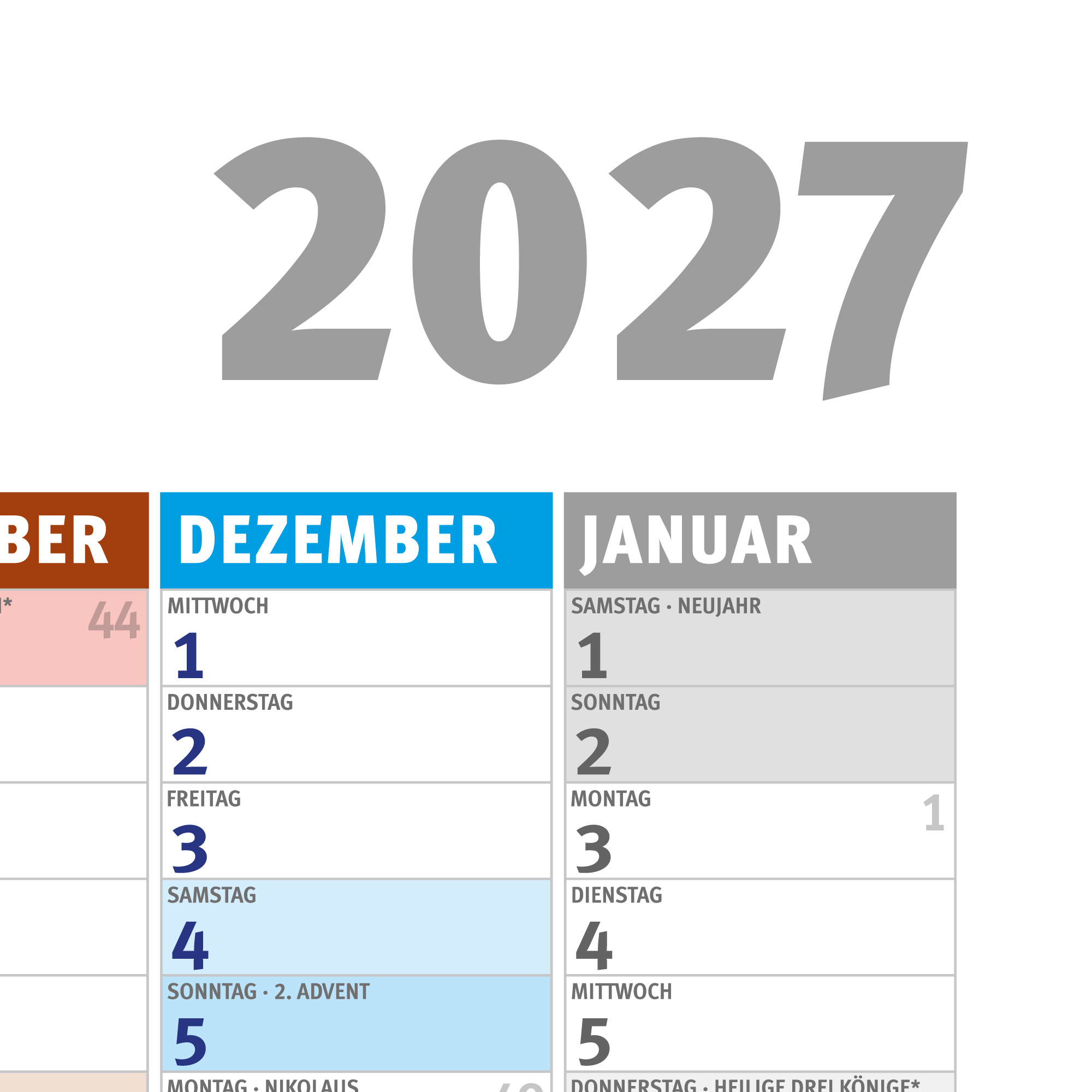 Kalenderblatt für Dezember 2026 und Januar 2027 mit Jahreszahl 2027.