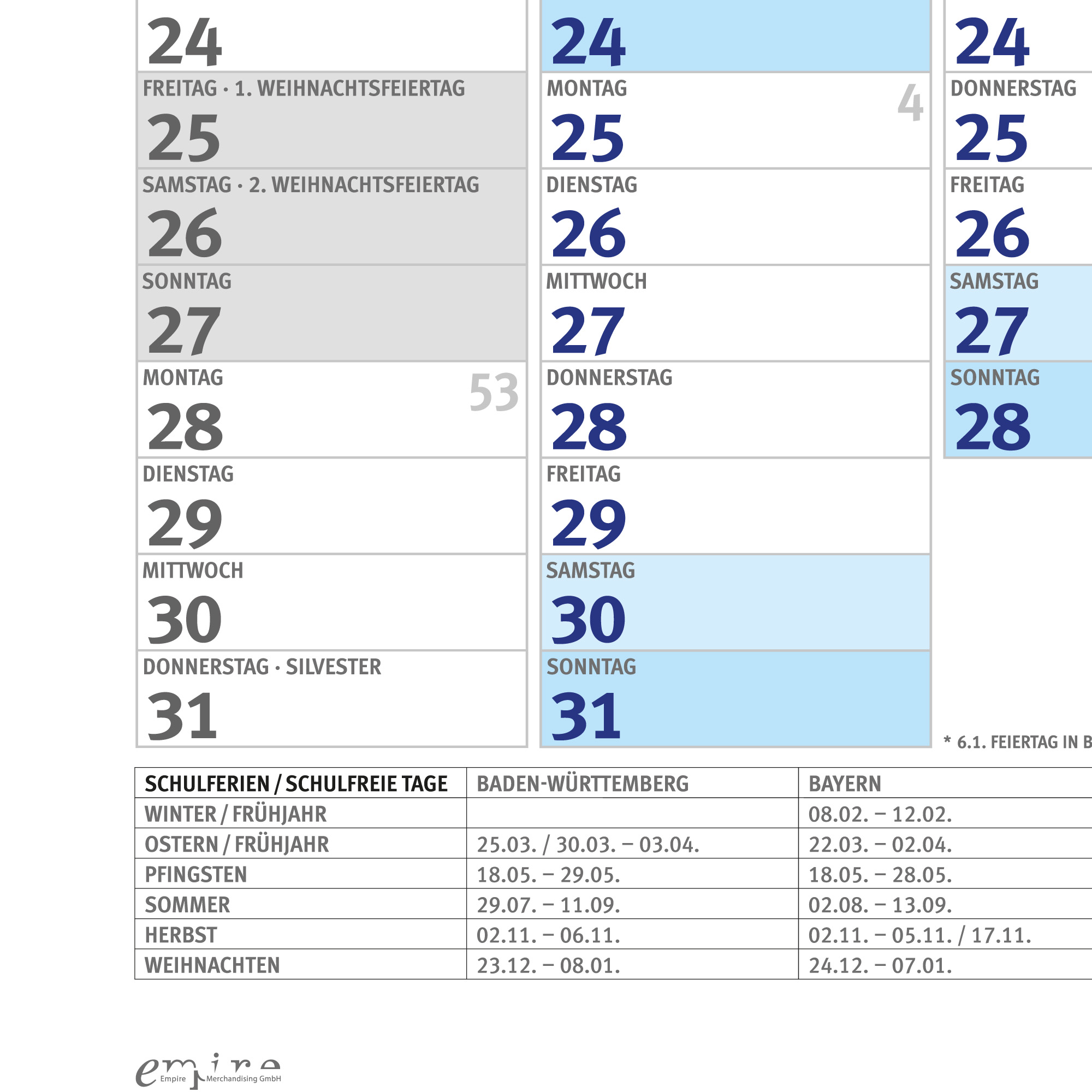 Kalenderblatt mit Tagen 24-31 Dez. und Schulferien für Ba-Wü & Bayern.