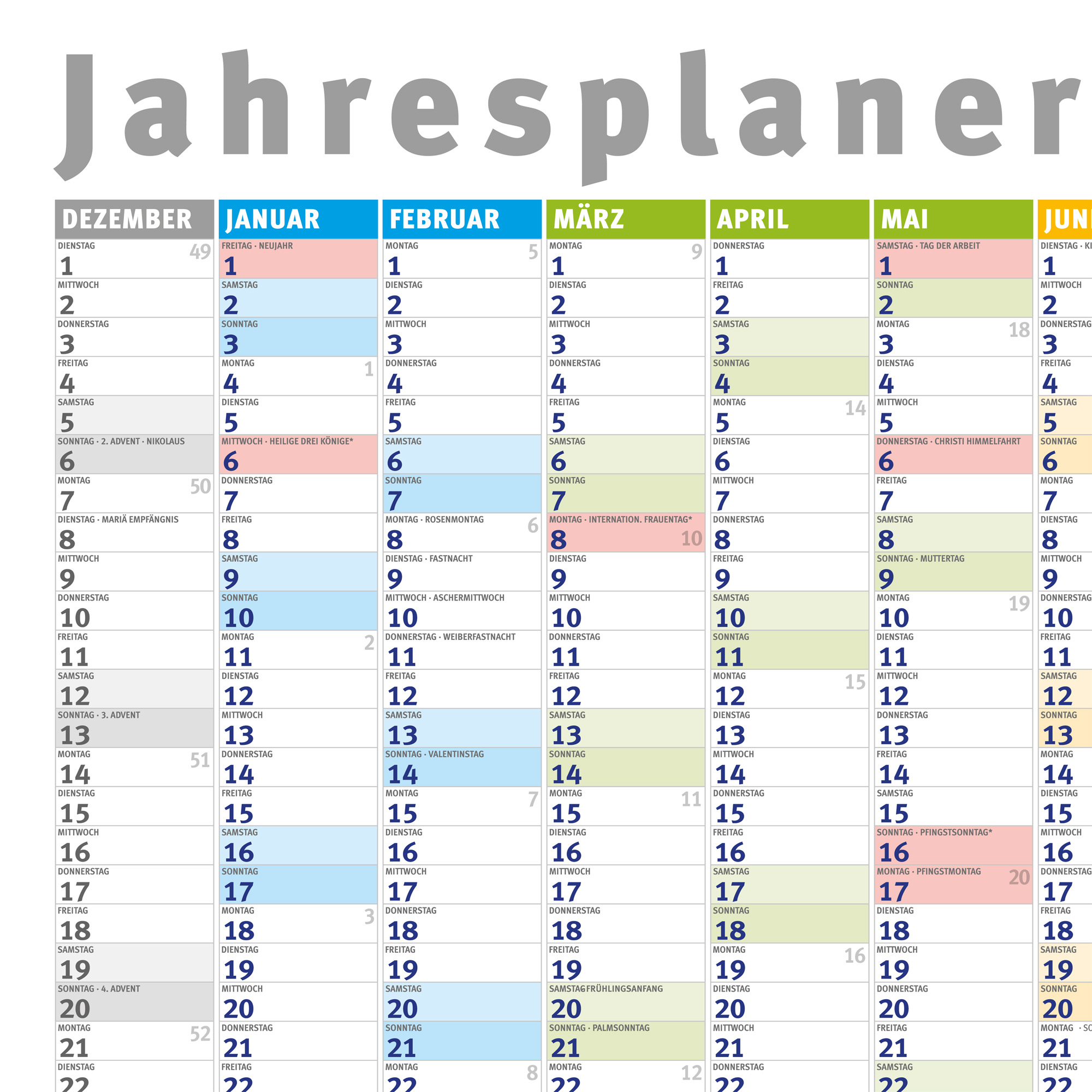 Ein Jahresplaner zeigt Kalenderblätter von Dezember bis Juni mit Wochentagen und Daten.