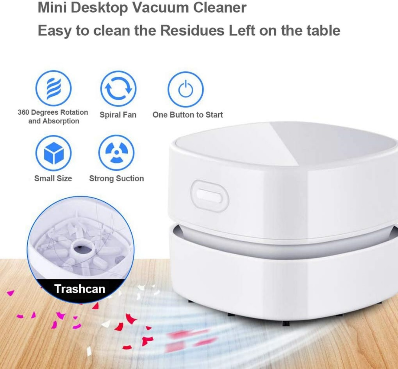 Ein weißer Mini-Desktop-Staubsauger mit Symbolen für Funktionen und Streuseln auf dem Tisch.