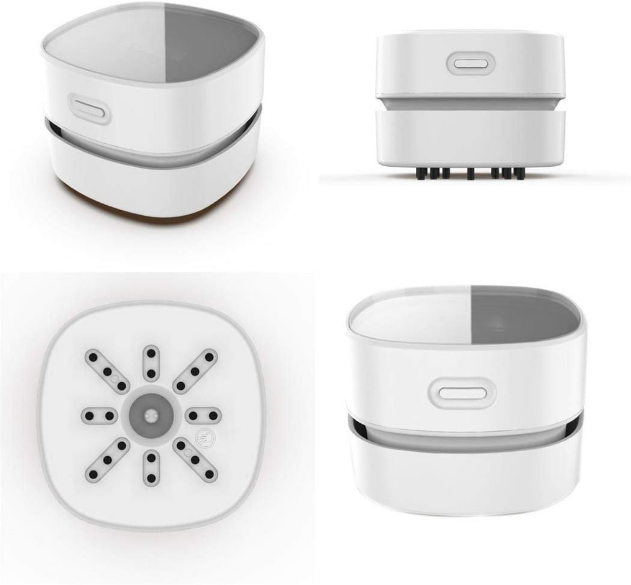 Ein weißer Mini-Desktop-Staubsauger in vier Ansichten, mit Bürsten unten.