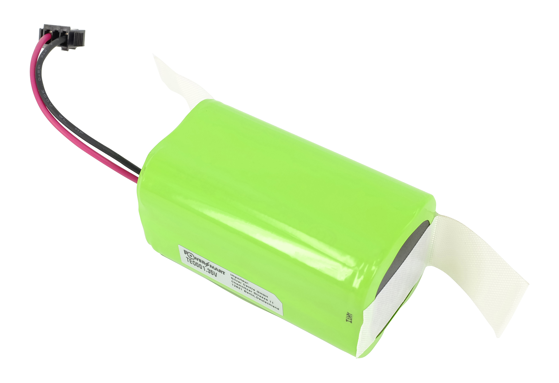 Grüne Batterie mit zwei Kabeln, einem schwarzen und einem roten.