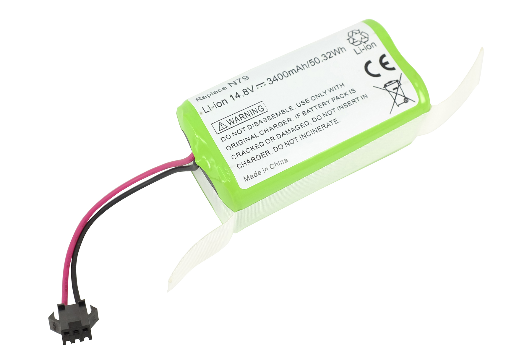 Grüne Li-Ion-Batterie 14.8V mit Kabeln und Warnhinweisen.