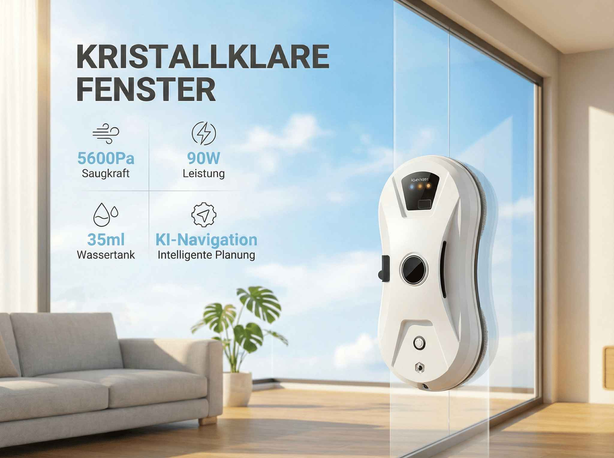 Ein weißer Fensterreinigungsroboter klebt an einem großen Fenster. Details zu Saugkraft und Wassertank.
