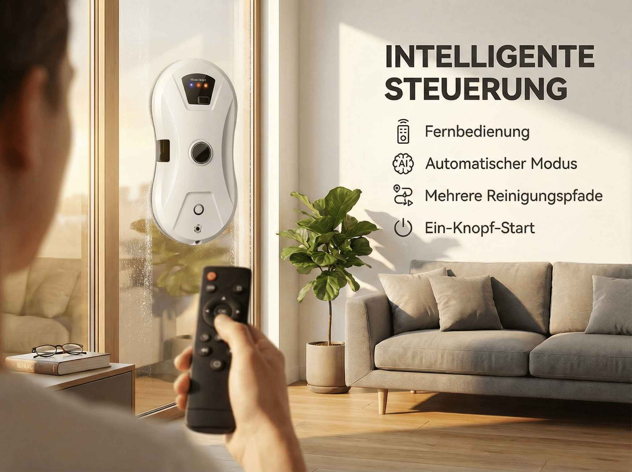 Ein weißer Fensterputzroboter haftet an einem Fenster, gesteuert per Fernbedienung.