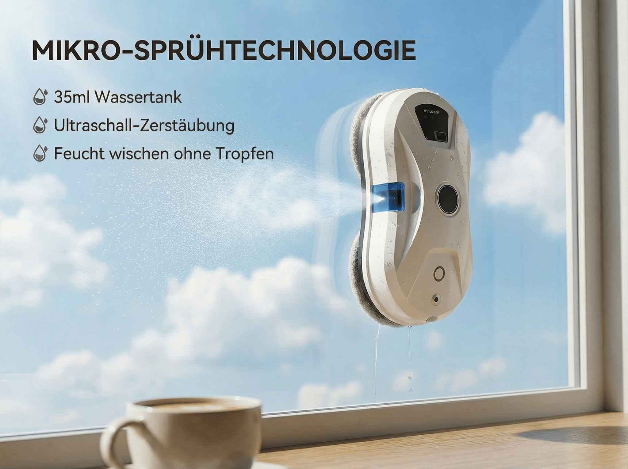Fensterreinigungsroboter sprüht Wasser auf ein Fenster mit Wolkenhimmel.