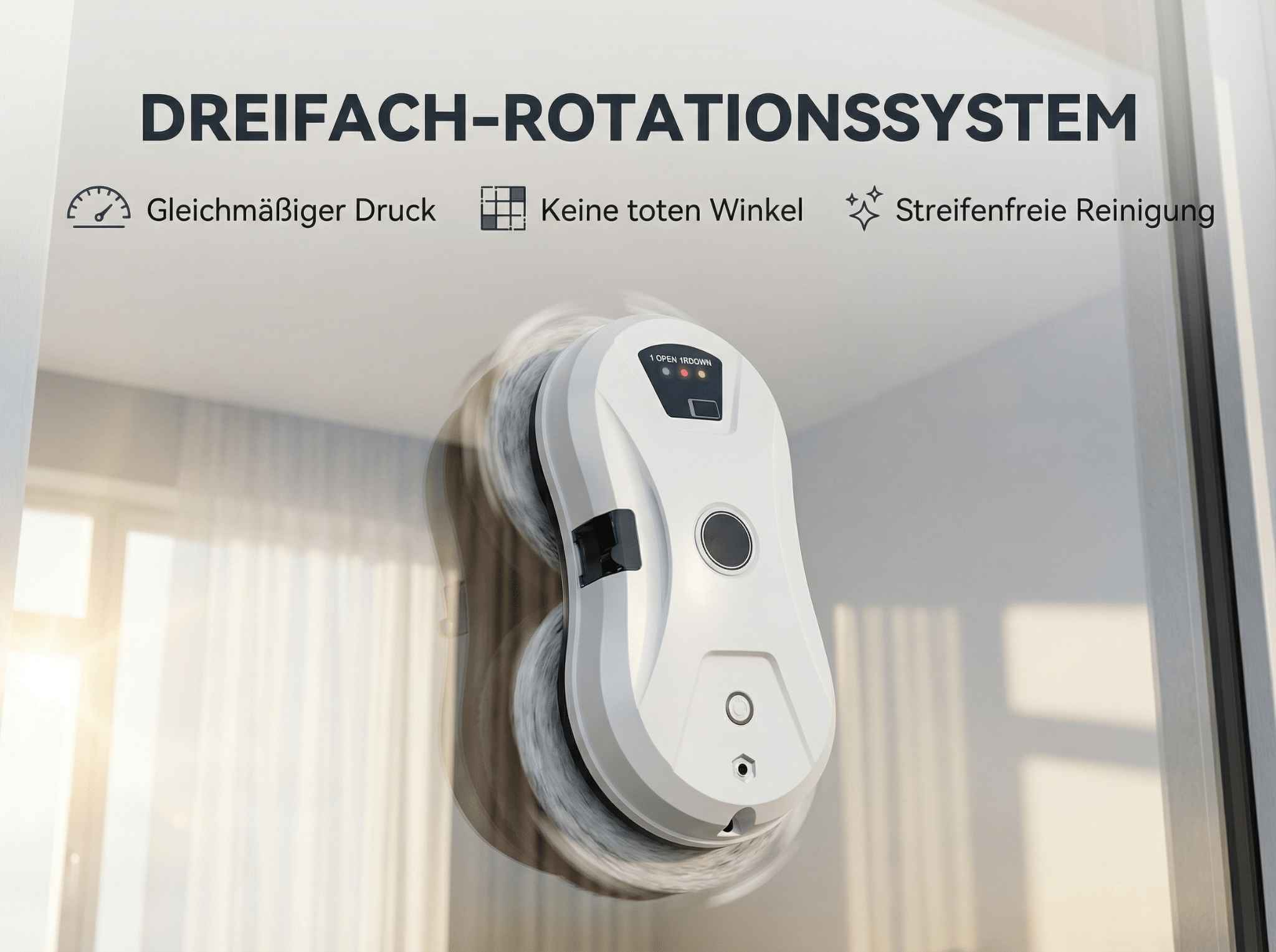 Ein weißer Fensterreinigungsroboter mit rotierenden Bürsten reinigt ein Fenster.