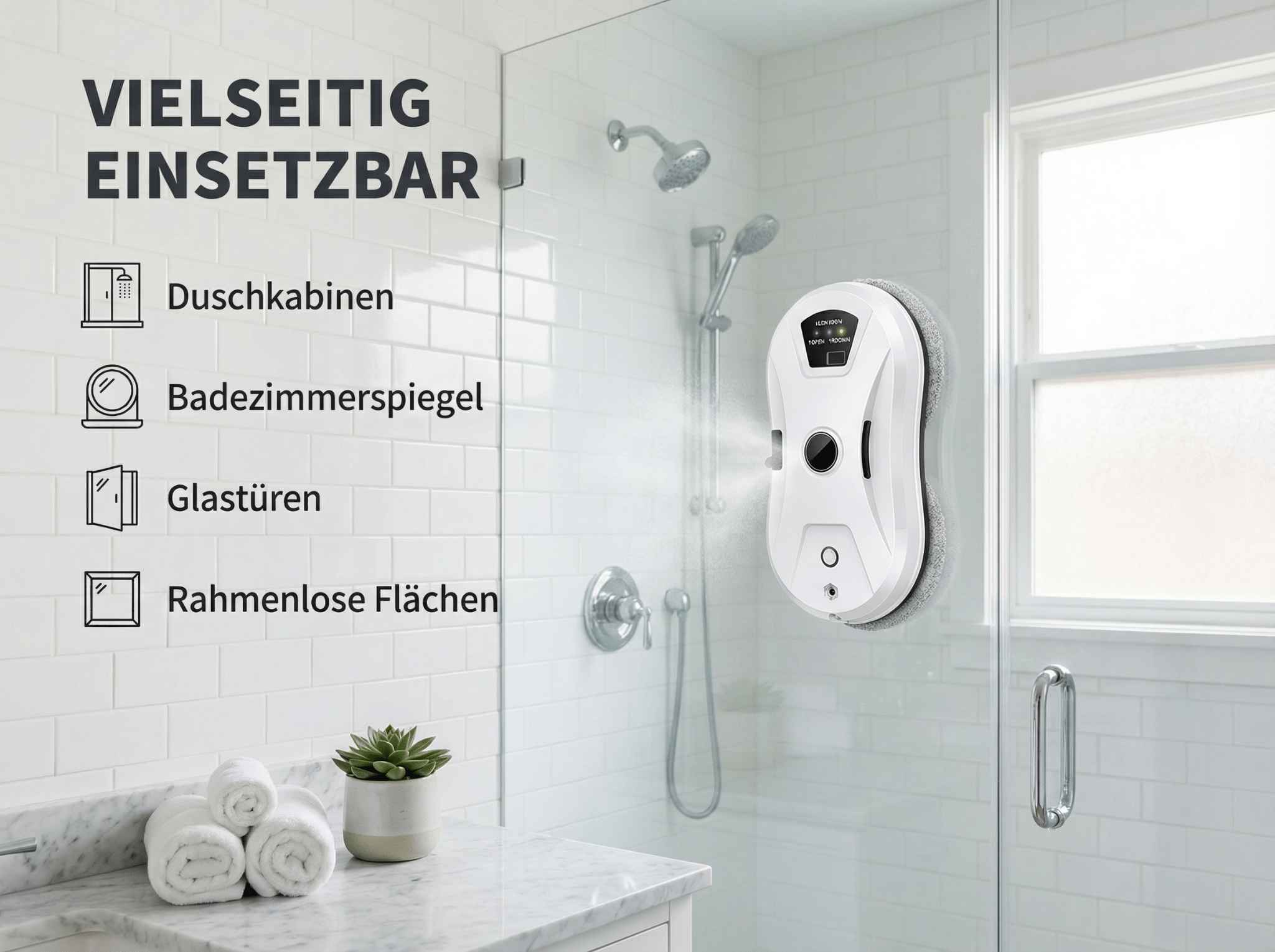 Ein weißer Fensterputzroboter reinigt eine Glasdusche mit weißen Fliesen im Hintergrund.