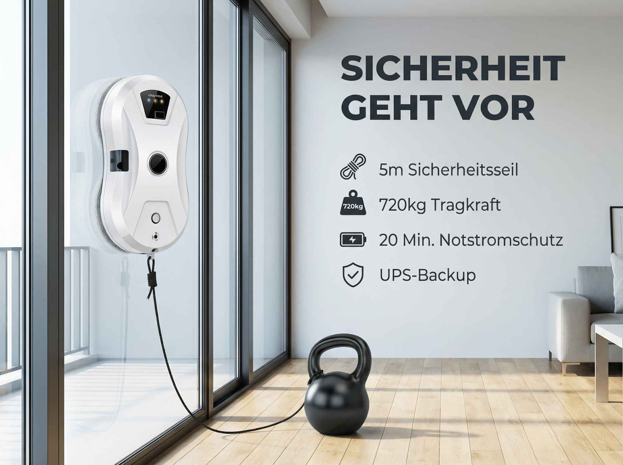 Ein weißer Fensterreinigungsroboter reinigt eine Glasfassade. Daneben sind Sicherheitsinfos.