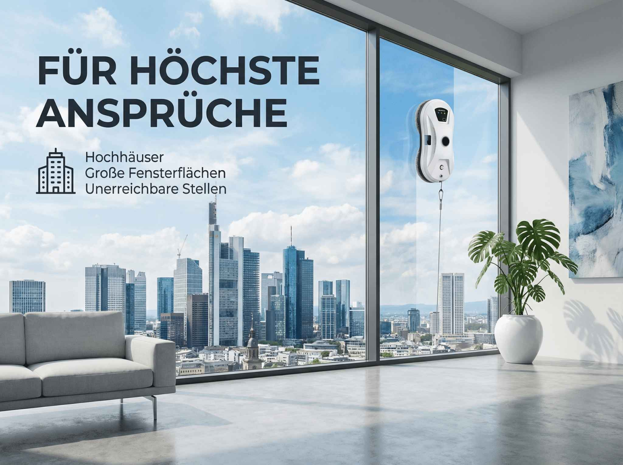 Ein Roboter-Fensterreiniger reinigt ein großes Fenster mit Blick auf eine Stadt.