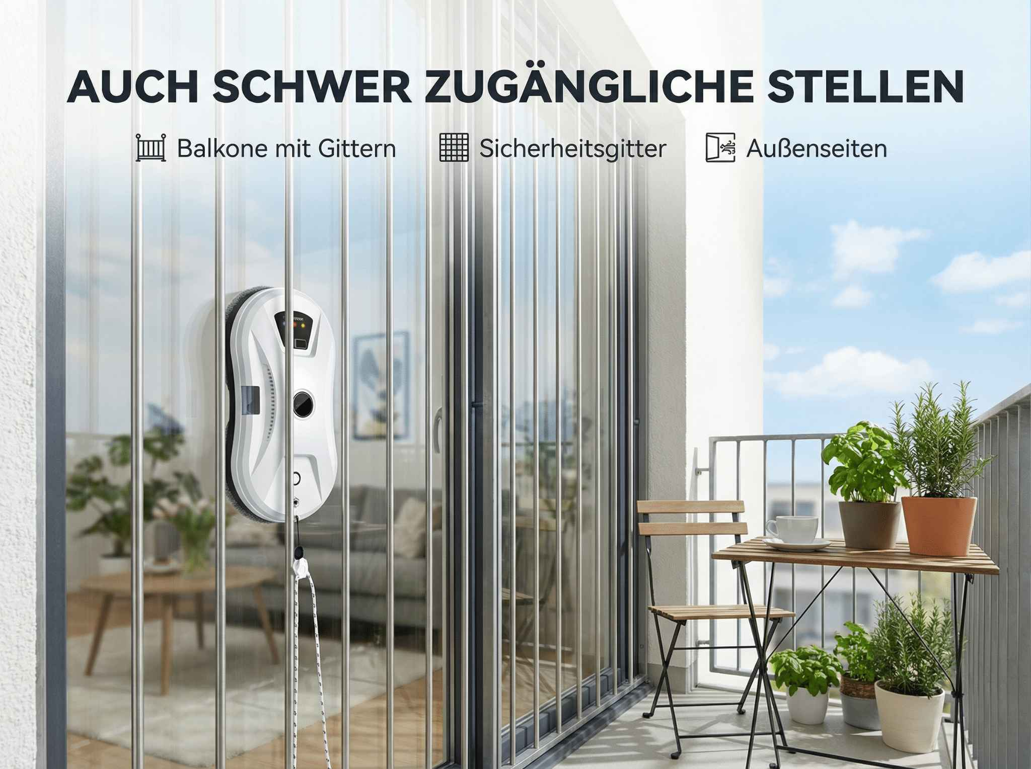 Fensterputzroboter reinigt Balkonfenster neben Gartentisch mit Pflanzen.