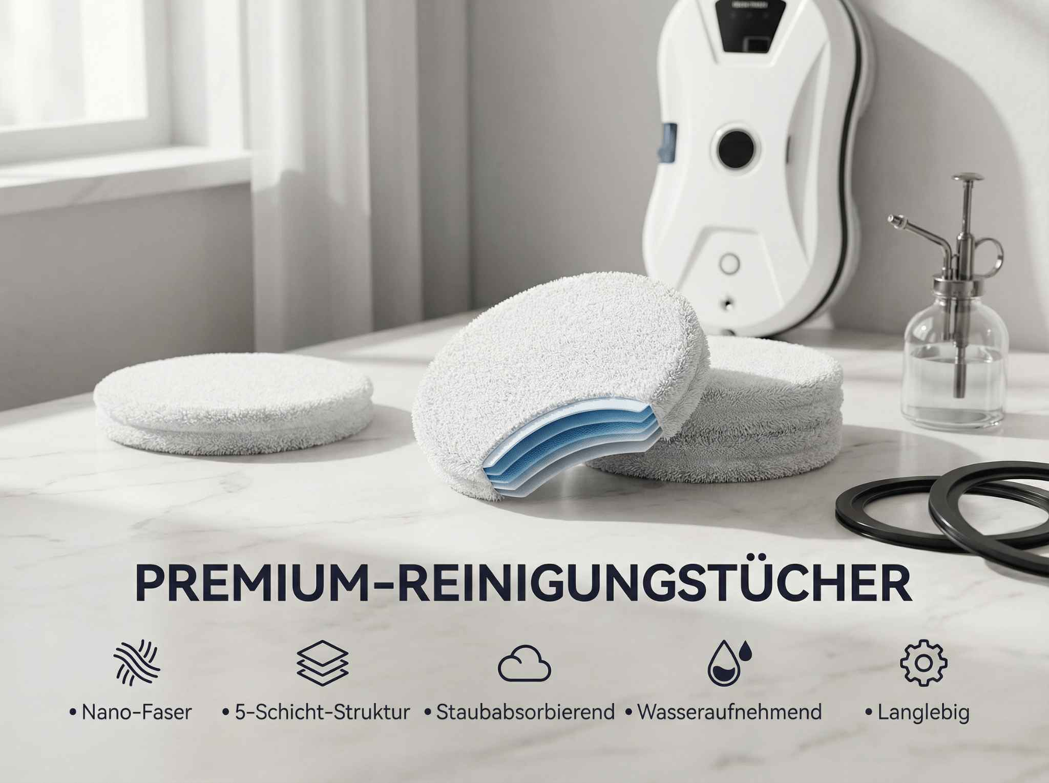 Weiße Reinigungstücher und Fenstersauger auf Marmortisch.