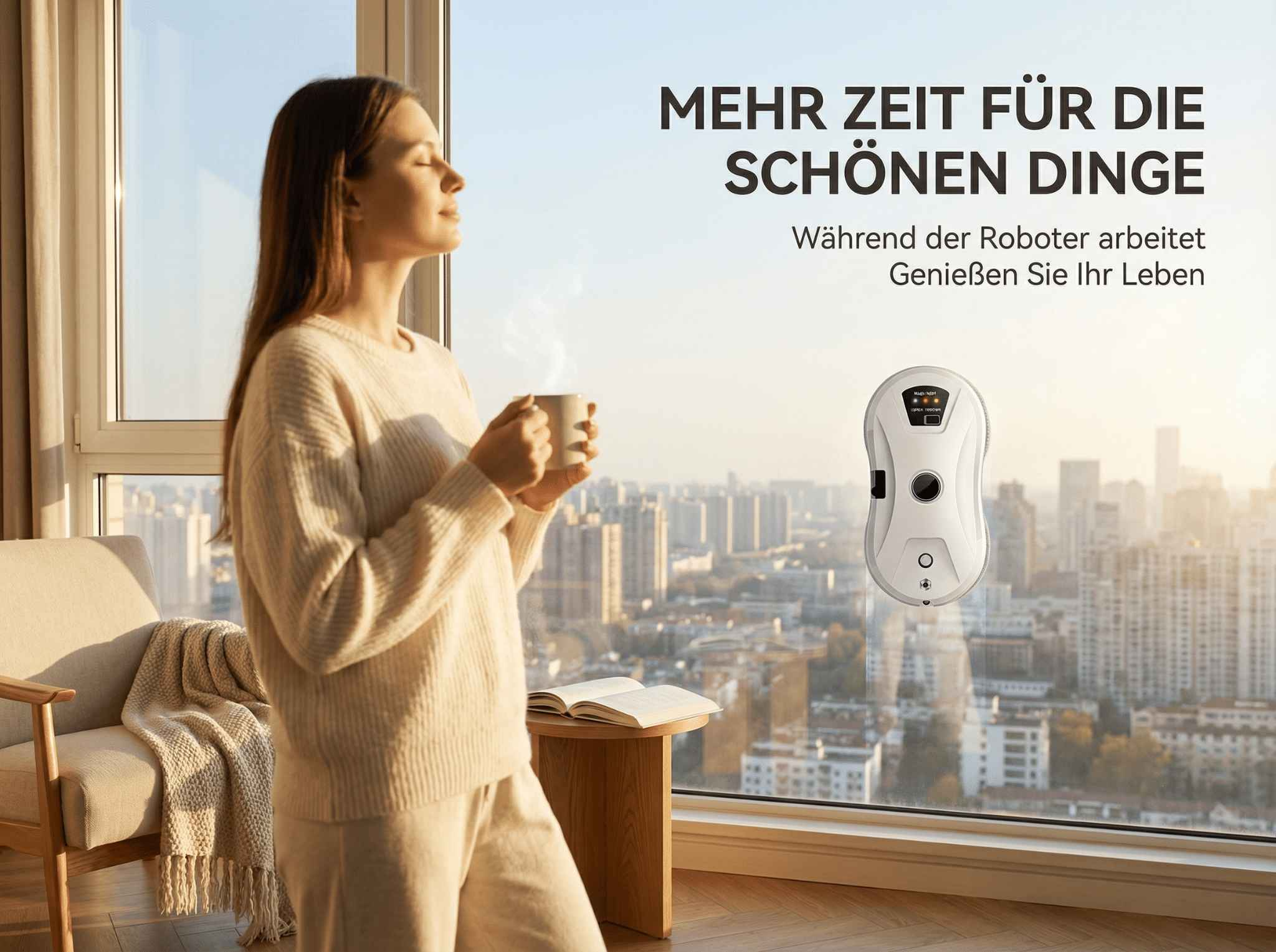 Eine Frau trinkt Kaffee am Fenster, während ein Roboter die Fensterscheibe reinigt.