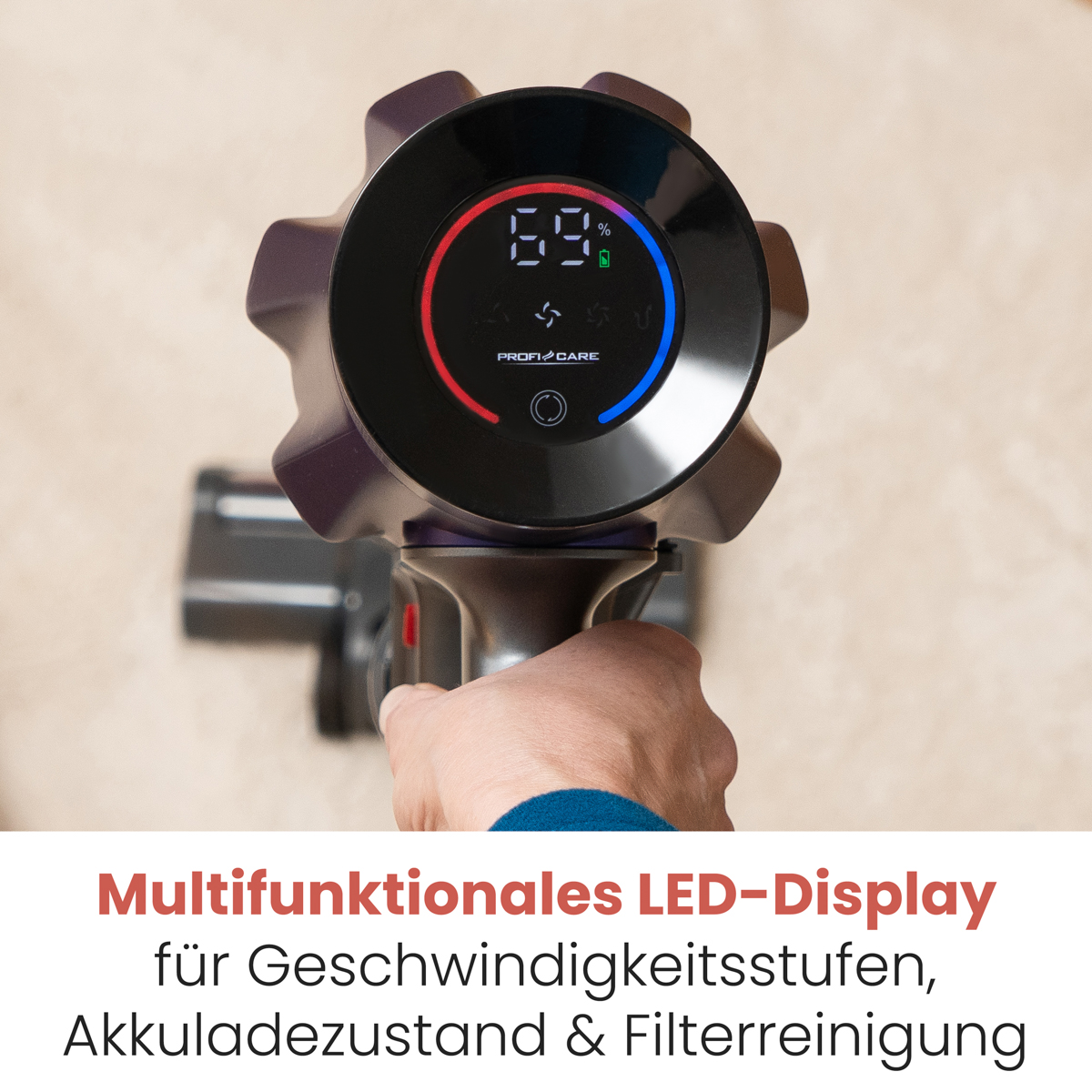 Nahaufnahme eines Staubsaugergriffs mit LED-Anzeige, die 69 % anzeigt.