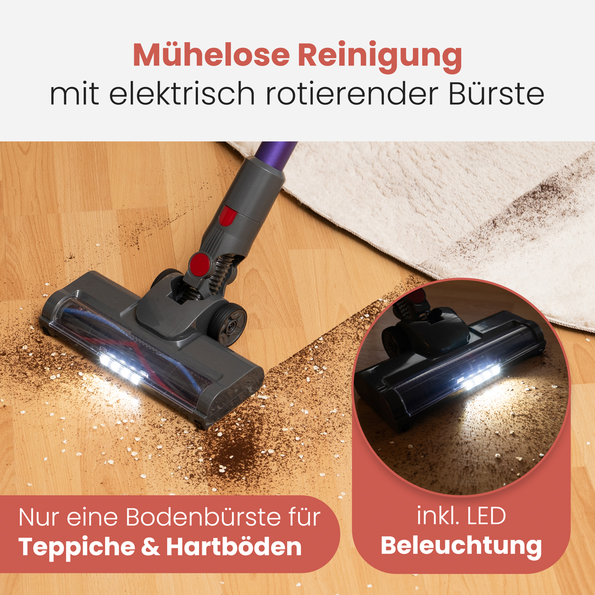 Staubsaugerbürste reinigt Boden und Teppich, mit LED-Licht.