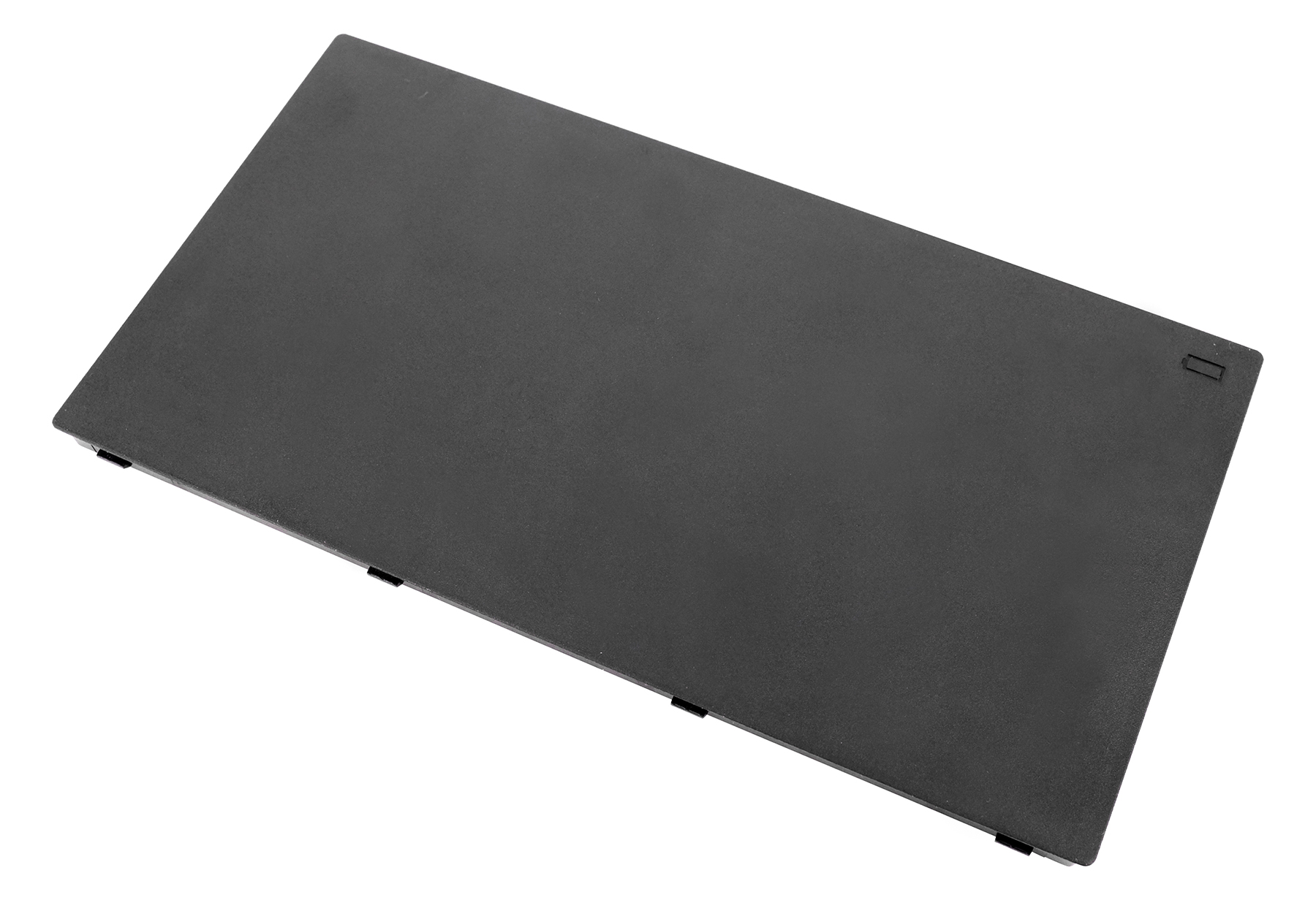 Schwarzer Akku für Laptops mit schattierter Oberfläche und Clips.