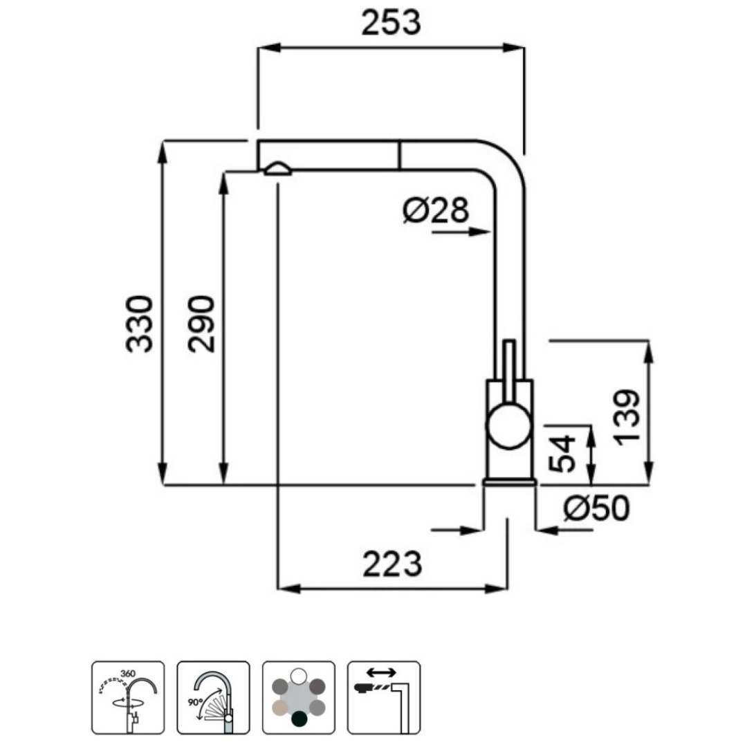 Disegno tecnico di un rubinetto con dimensioni.