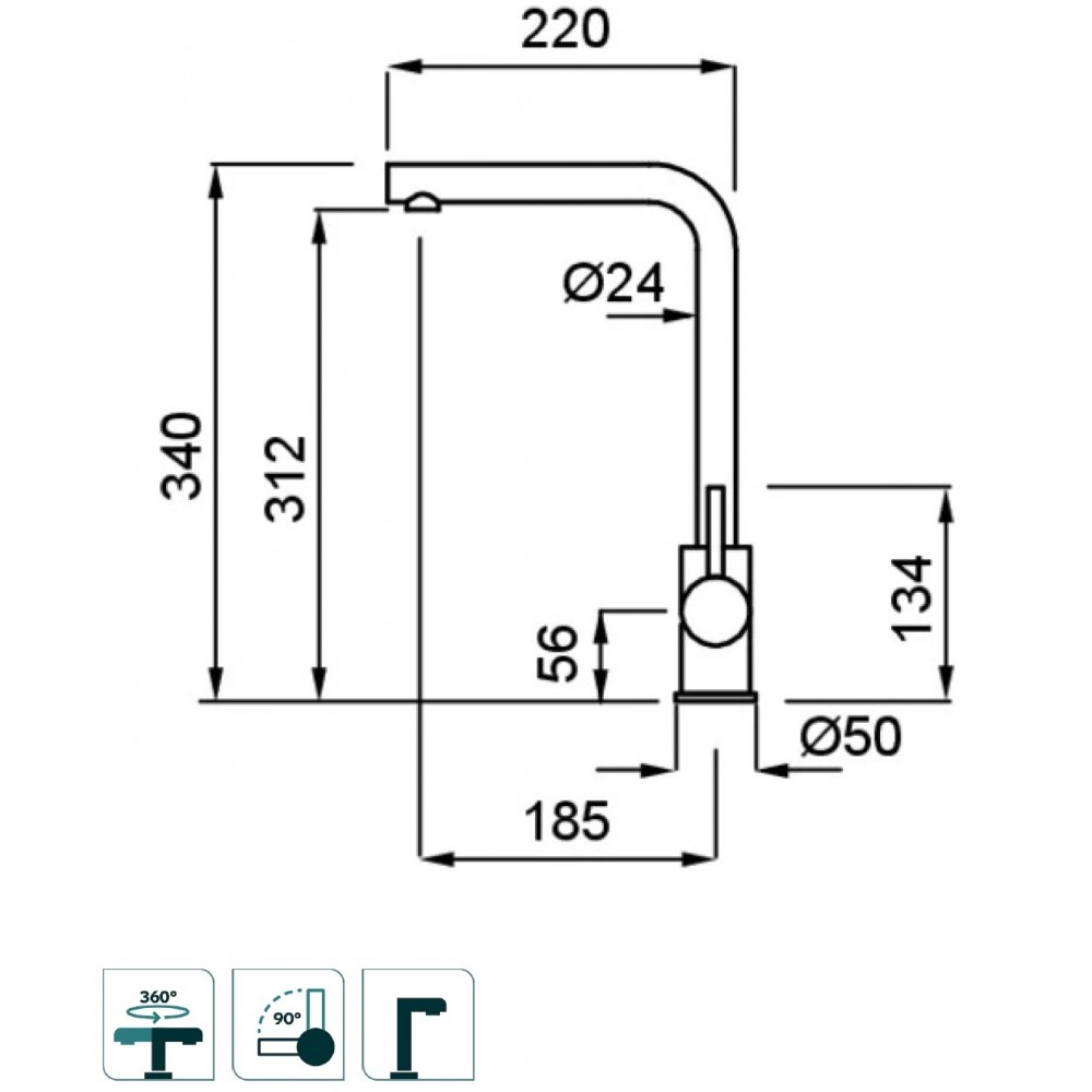 Disegno tecnico di un rubinetto con dimensioni e simboli.