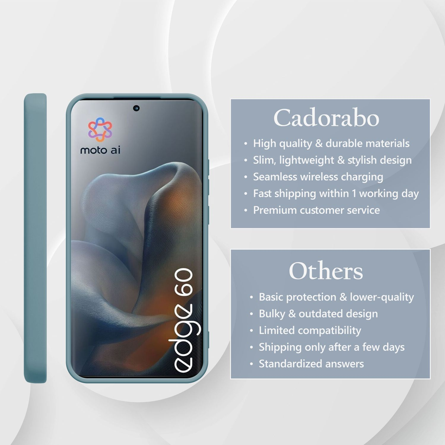 Blaues Handy mit Cadorabo-Logo und Text über Qualität und Funktionen.