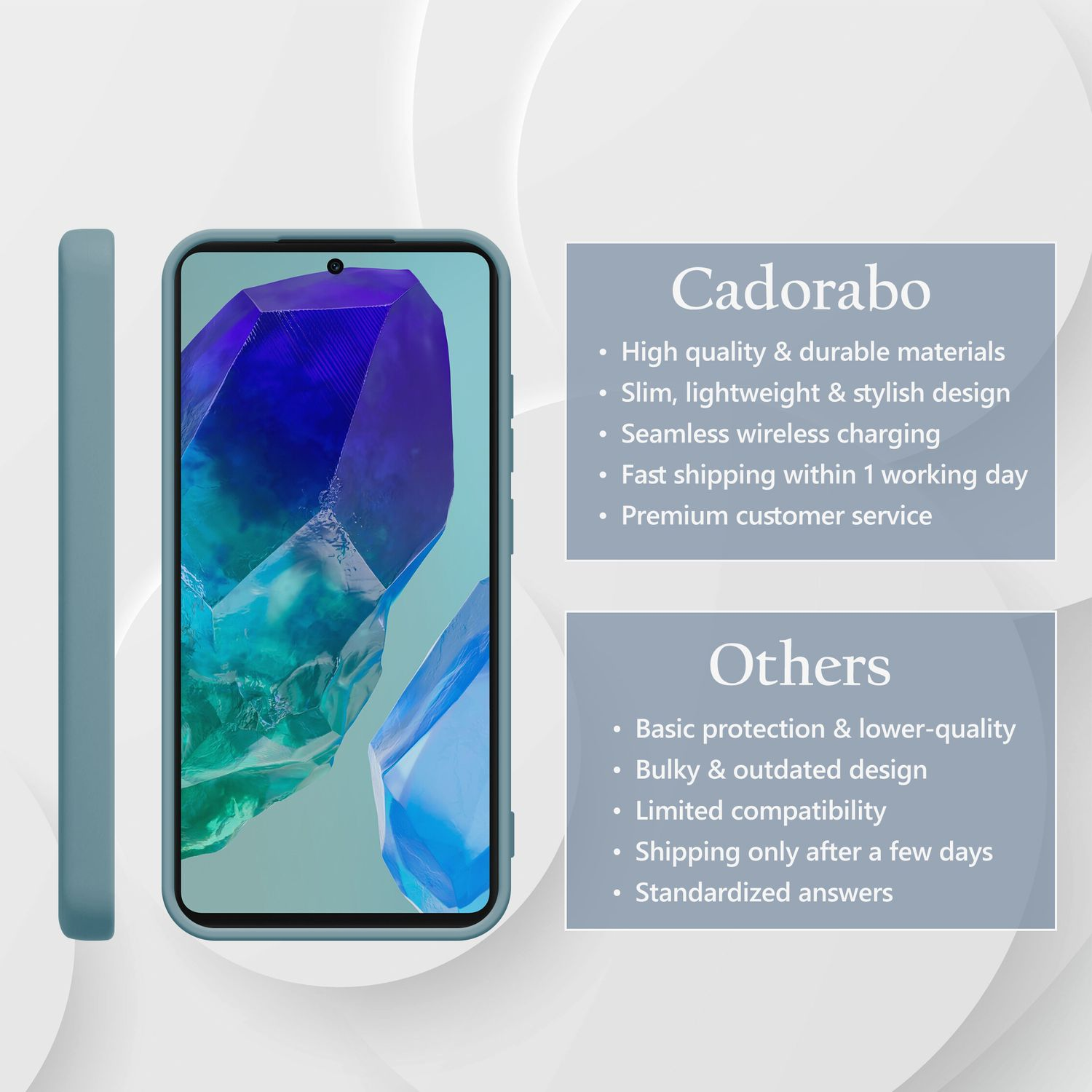 Ein blaues Handy mit einem Kristall-Hintergrund und Produktinformationen.