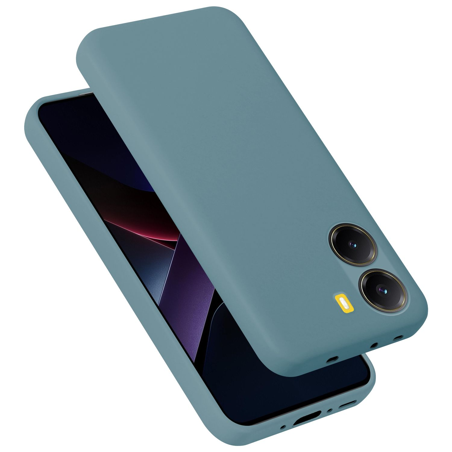 Ein blauer Handyhülle mit einem Smartphone. Die Hülle ist abnehmbar.
