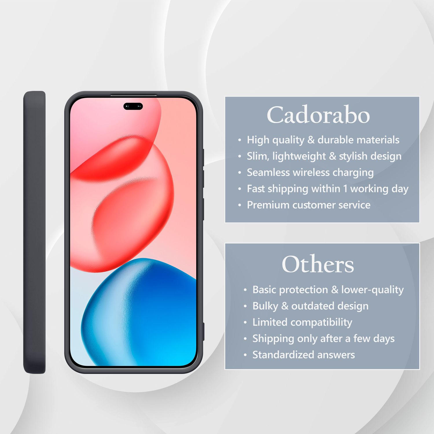 Ein dunkles Handycover liegt neben einem Smartphone mit bunten Hintergrundbildern.