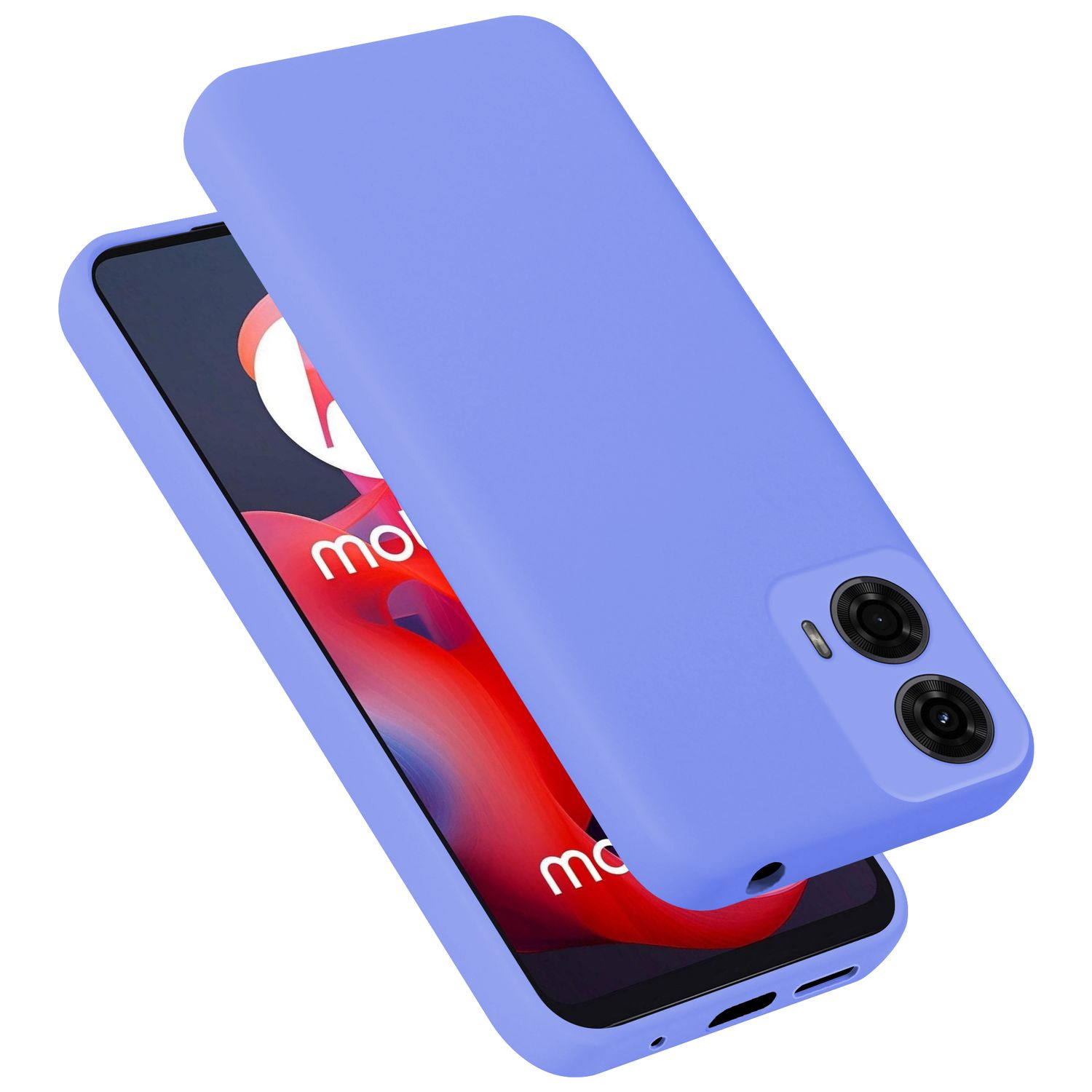 Ein lilafarbenes Handycover liegt über einem Smartphone mit Motorola-Logo.