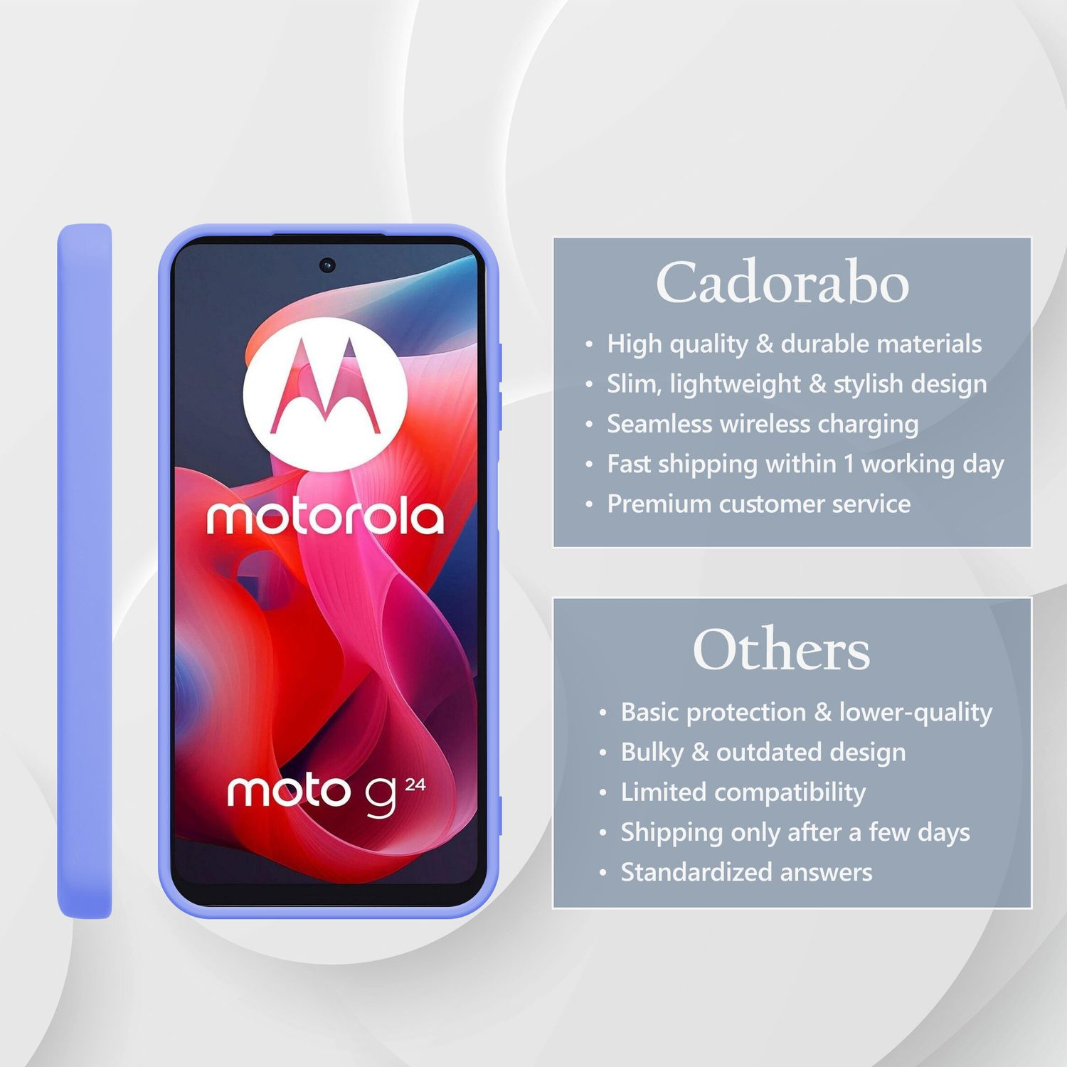 Ein lila Motorola Moto G 24 Handy mit Cadorabo-Markenbeschreibung.