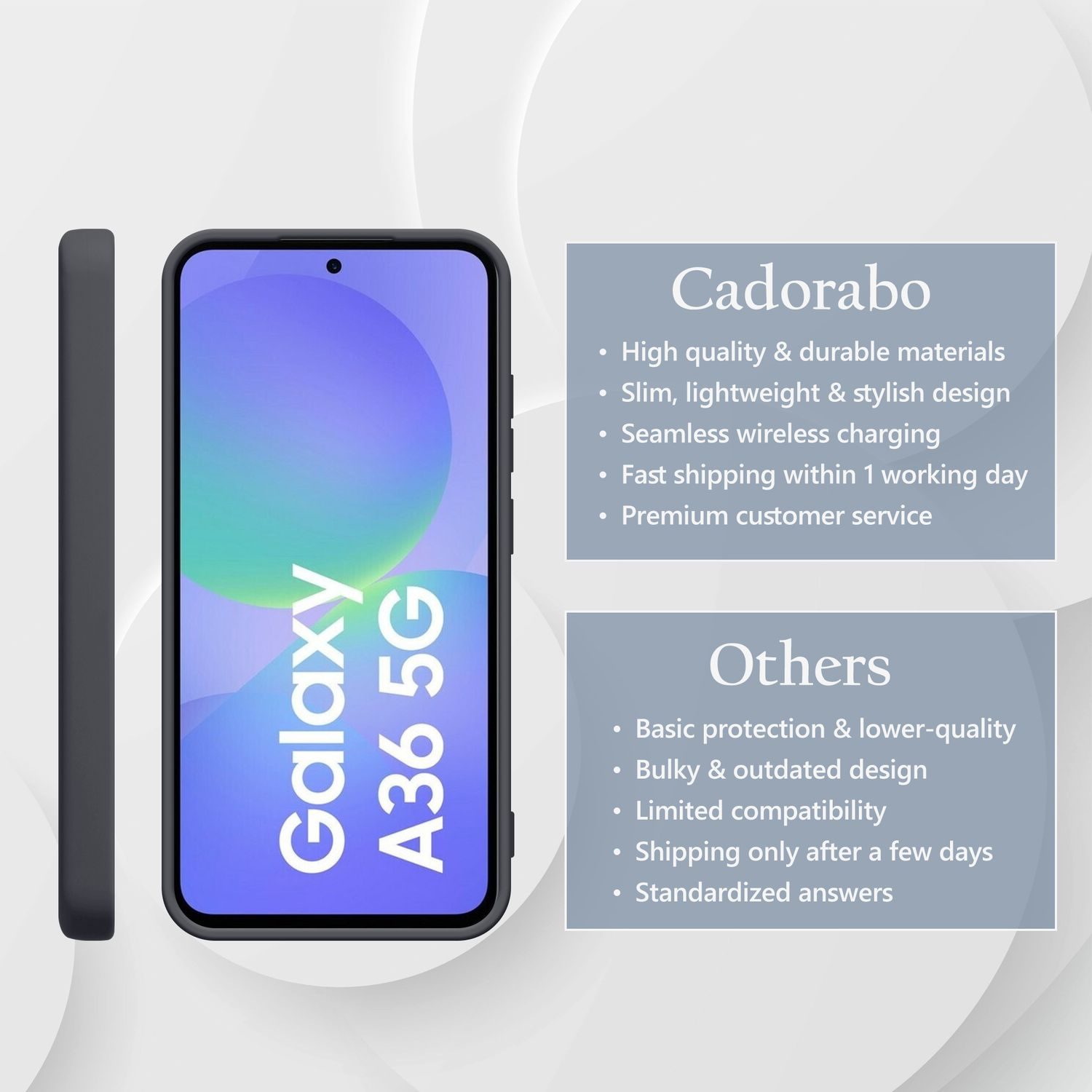 Dunkelgraues Handy mit violetter Hintergrundgrafik und Text.