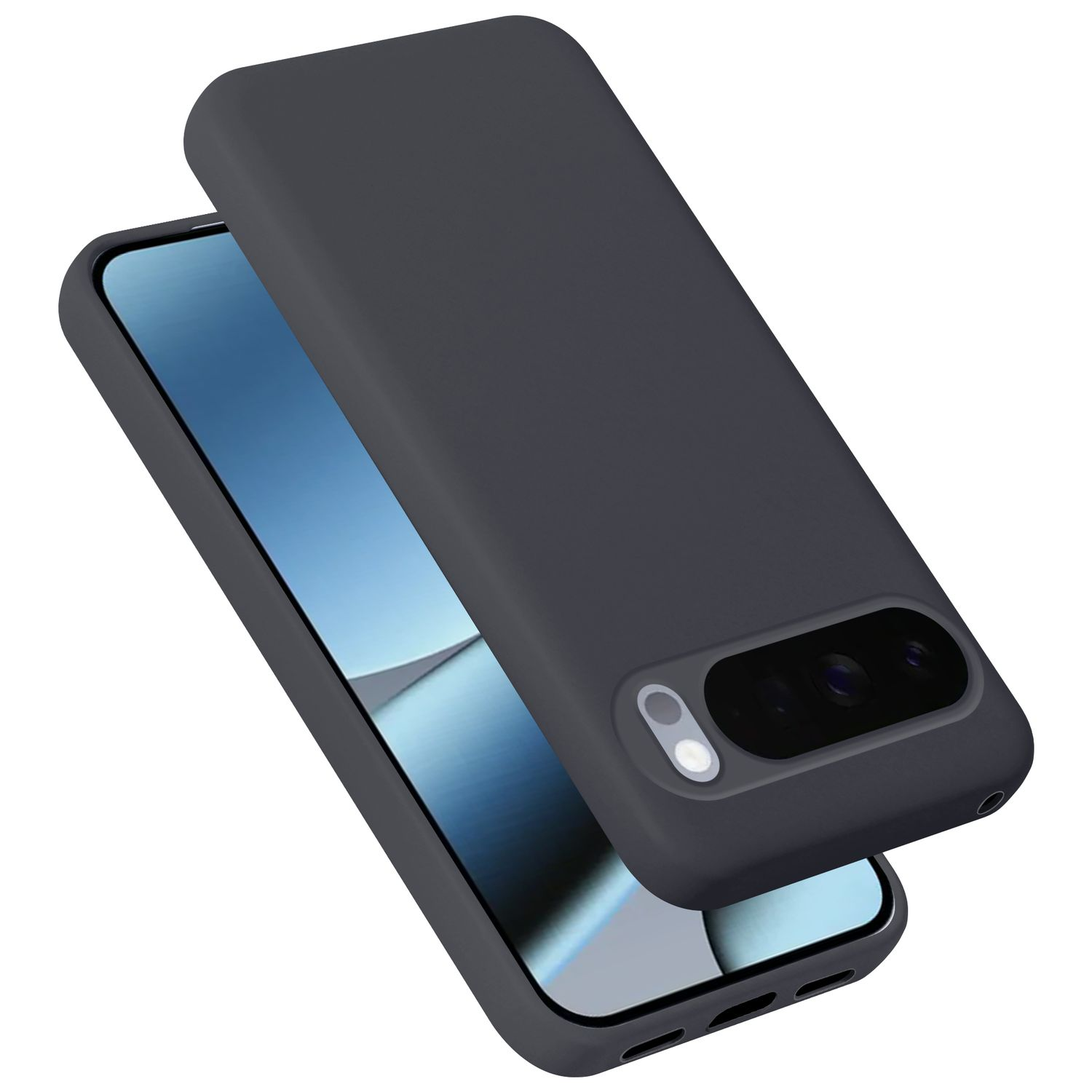 Dunkelgraue Handyhülle, die über einem Smartphone liegt. Kamera und Blitz sichtbar.